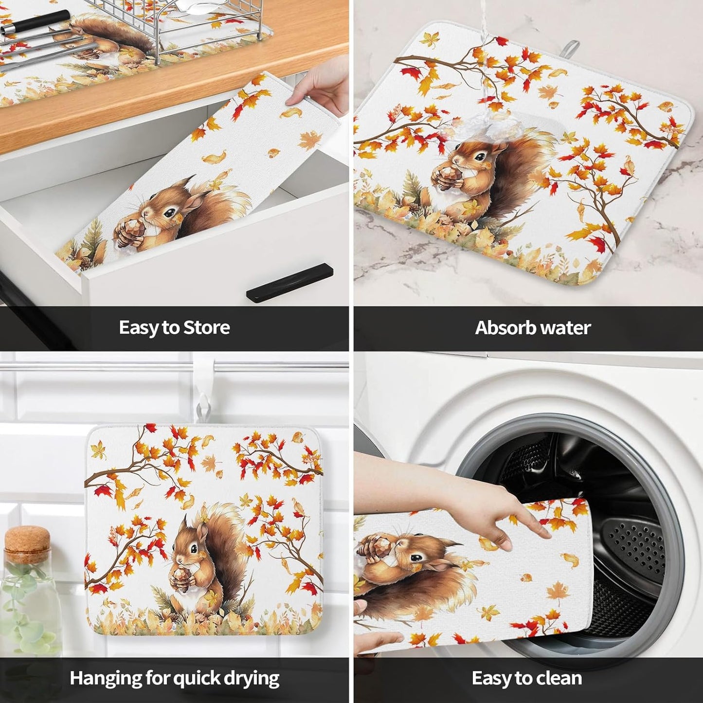 Fall Dish Drying Mat for Kitchen Counter Squirrel Drying Pad Absorbent Drying Mats for Countertops Sinks Draining Racks Pine Cone Autumn Maple Leaves Drainer Holiday Harvest Thanksgiving Decor 16x18