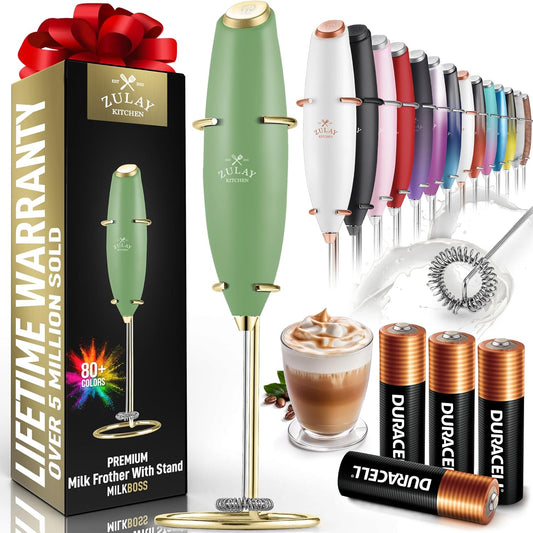 Zulay Kitchen Powerful Milk Frother Wand With 4 AA Duracell Batteries - Ultra Fast Handheld Drink Mixer - Electric Whisk Foam Maker for Coffee, Lattes, Cappuccino, Matcha & Creamer -