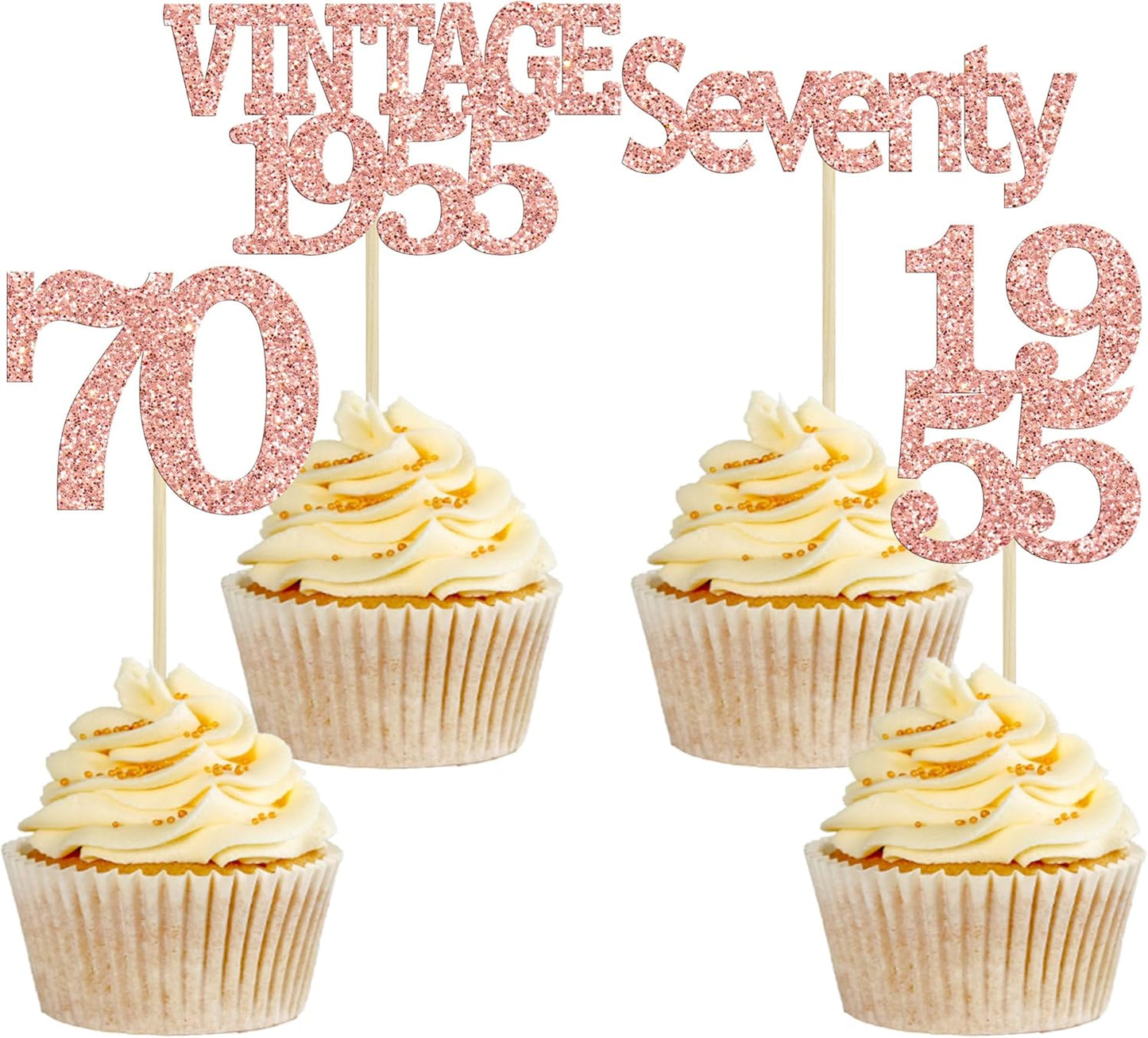 Gyufise 24Pcs 70th Birthday Cupcake Toppers Glitter Cheers to 70 Fabulous Seventy Vintage 1955 Cupcake Picks 70th Birthday Wedding Anniversary Party Cake Decorations Supplies Rose Gold