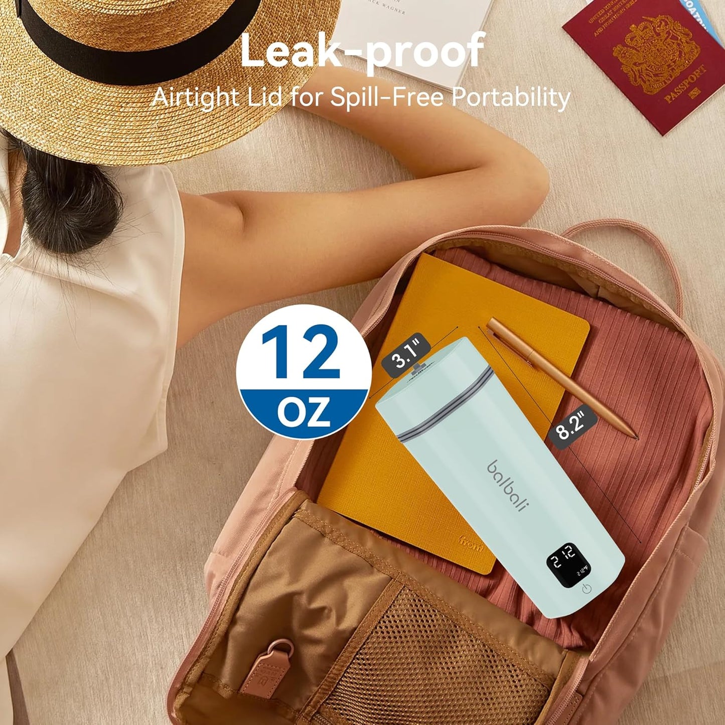 balbali Portable Tea Kettle for Travel 100-240V Dual Voltage - 6 Preset Electric Portable Water Heater for Boiling - Self Heating Cup/Thermos - 12oz Hot Water Boiler/Heater/Warmer - Green