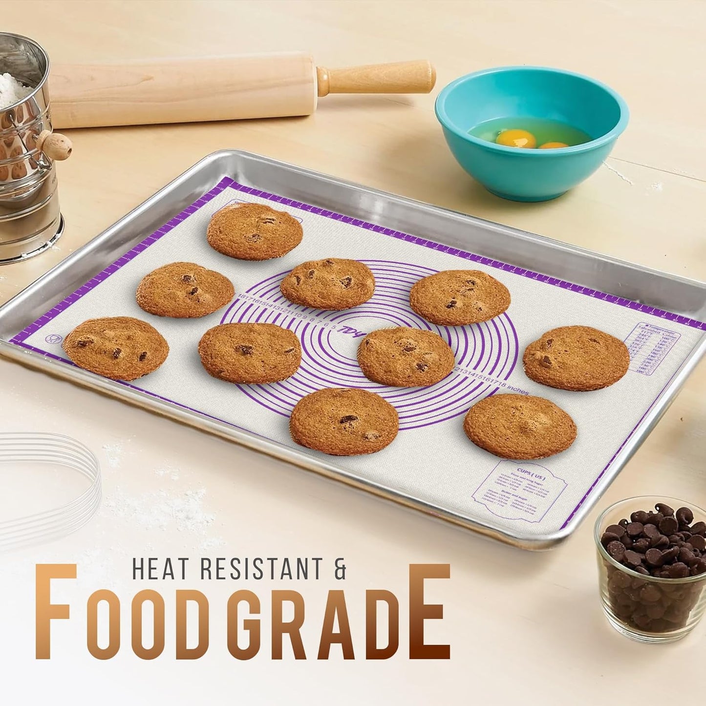 28 * 20 inches purple, non-slip silicone baking sheets - baking mat with 0.7mm thickness - non-stick pastry & cookie mat for kitchen counter for rolling out dough with measurements.
