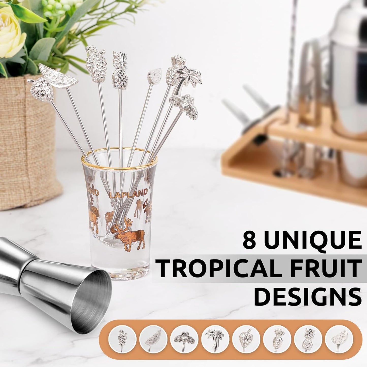 DEMIGO Fruit-Shaped Cocktail Picks, 8 Stainless Steel Reusable Skewers with Tropical Toppers - Olive Stuffers Martini Picks set Fruit Toothpicks Garnish Skewers Appetizer Drink Stick
