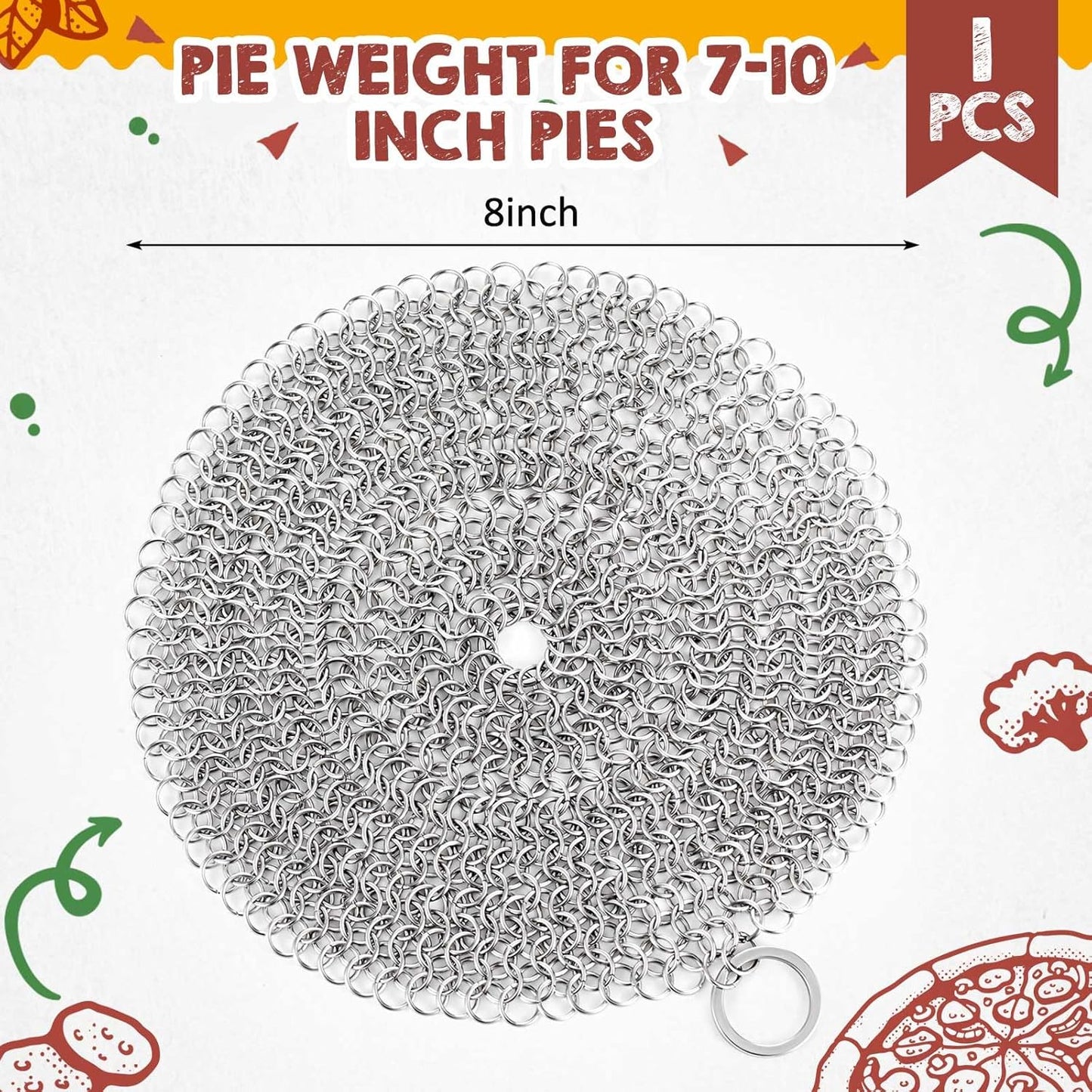 Patelai 1 Pcs Stainless Steel Pie Weights for Baking Universal Fit Pie Weight for 7-10 Inch Pies Round Metal Pies Weights Chain Dishwasher Safe Durable Blind Baking Dough Cooking Pastry (8 Inch)