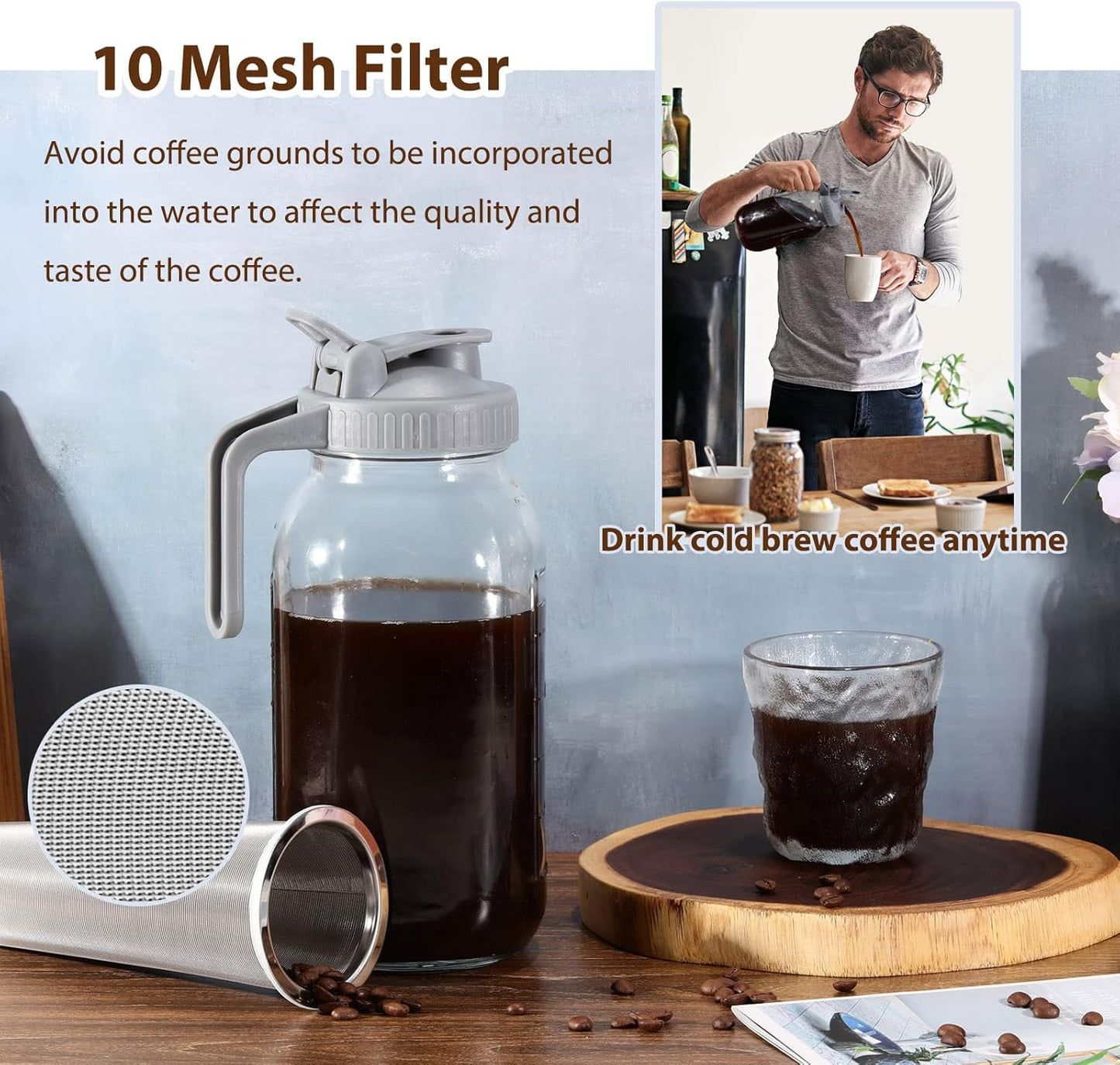 Cold Brew Coffee Maker Glass Pitcher, 32 oz Mason Jar with Pour Spout Handle Lid with Stainless Steel Filter for Iced Coffee, Lemonade, Ice Tea, Fruit Drinks