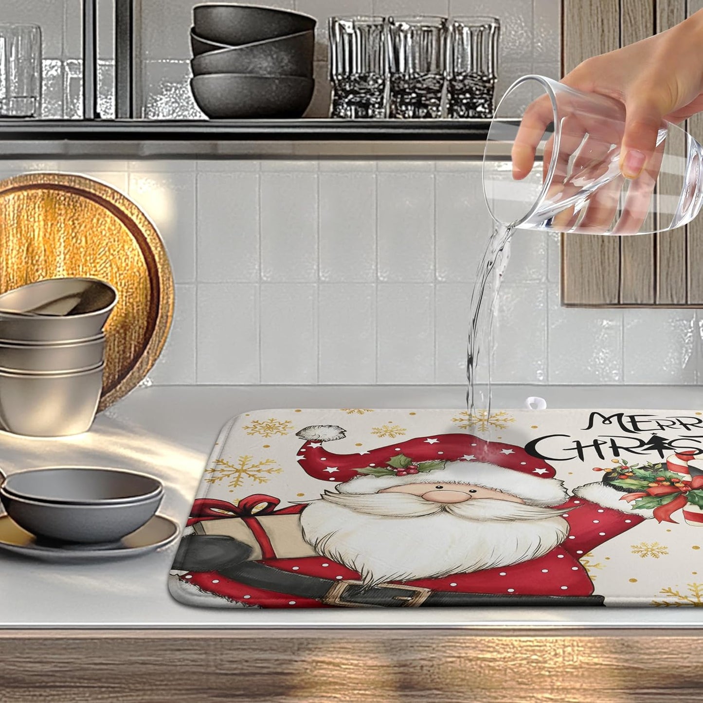 Christmas Santa Themed Dish Drying Mat Winter 18x24 Inch Large Size Drying Pad for Kitchen Counter Snowflake Dish Dry Mats Microfiber Absorbent Kitchen Decor Merry Christmas Coffee Bar Pad