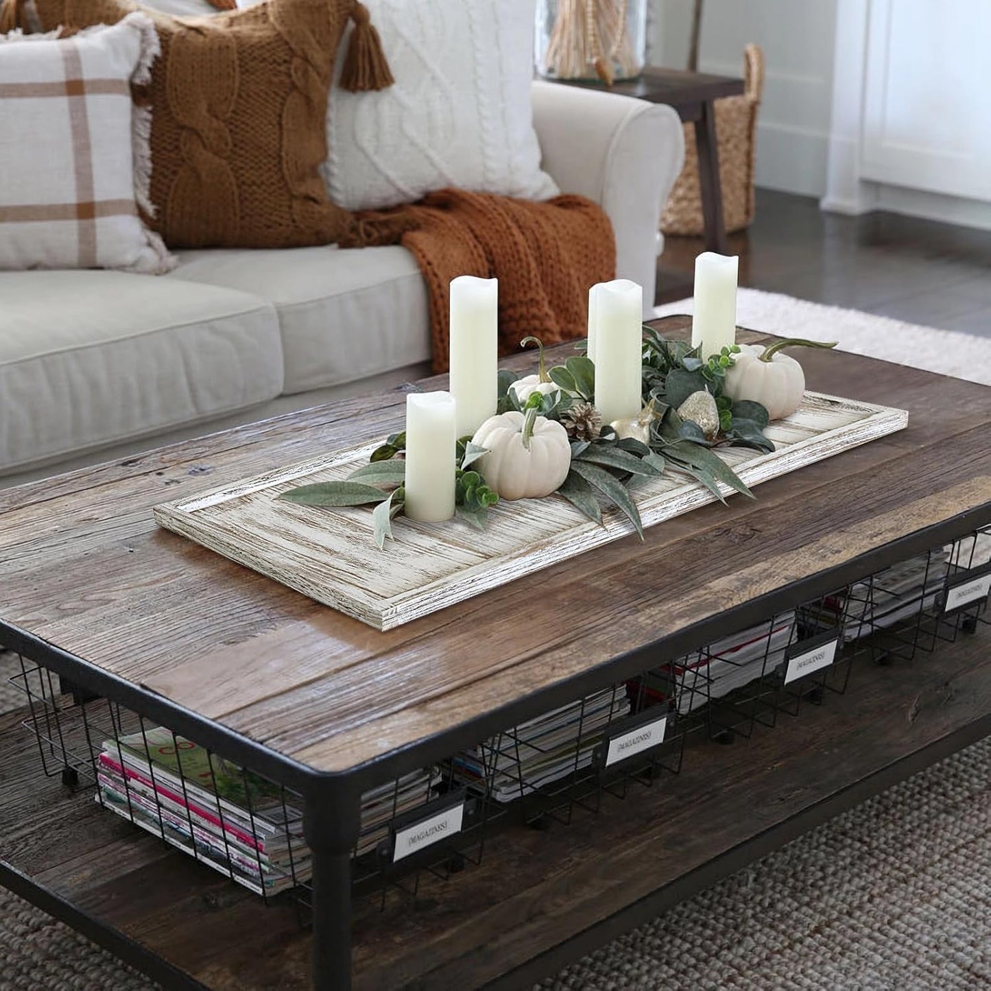 40"x20" Extra Large Long Rectangle Ottoman Table Tray - Rustic Wooden Serving Tray for Farmhouse Decorative Oversized Coffee Table Trays Living Room Kitchen Counter Breakfast White