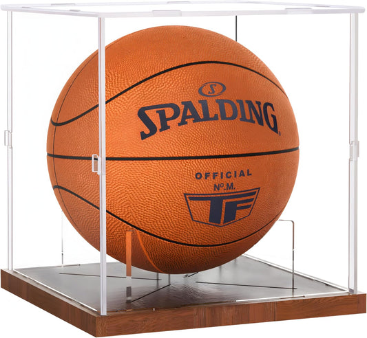 Basketball Display Case Acrylic Clear, UV Protected Basketball Stand Box Full Size with Solid Wood Base, Soccer Display for Autographed Standard NBA WNBA Ball Memorabilia Keepsake, Ideal Gift
