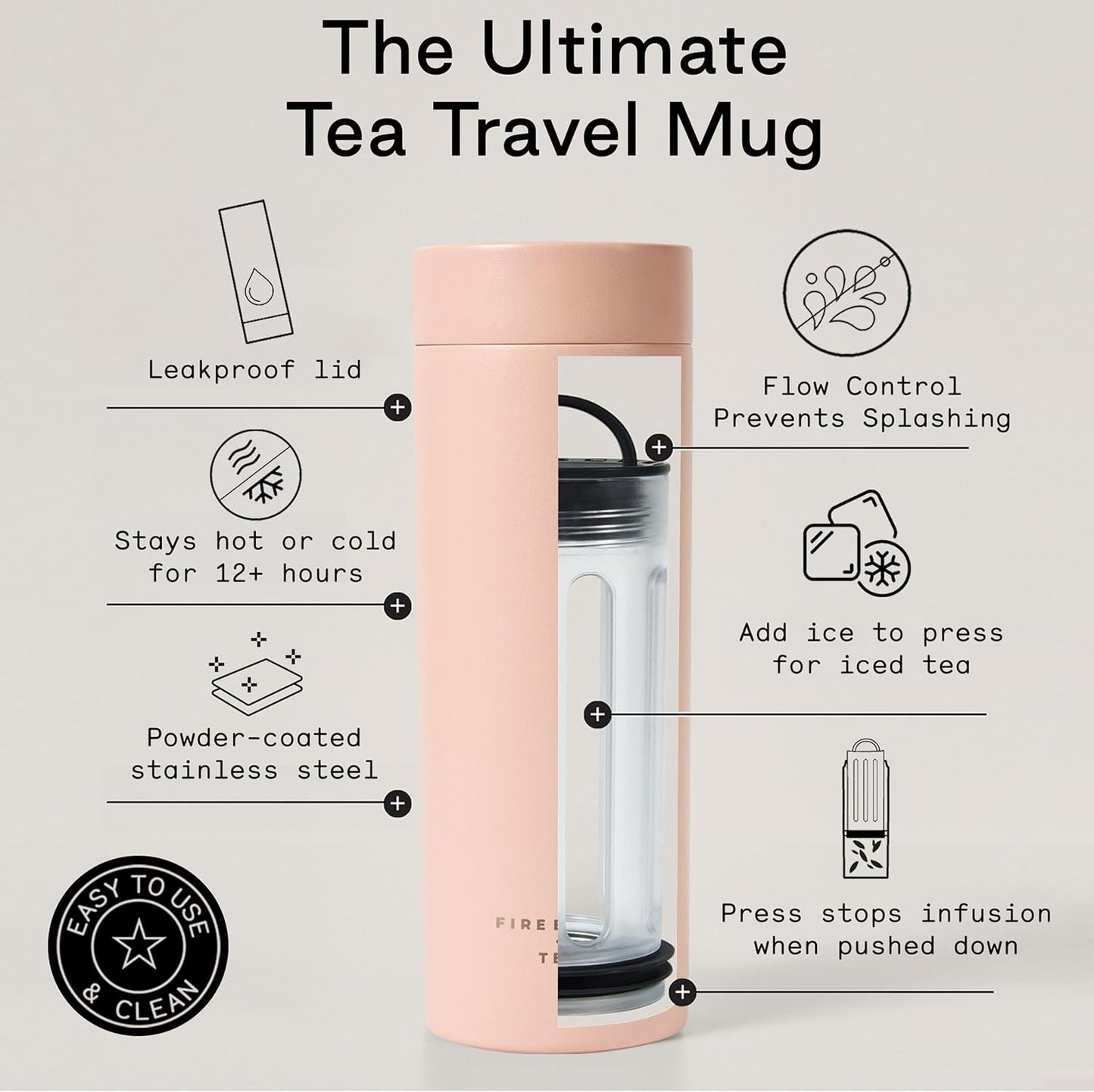 Firebelly Tea, Travel Tea Infuser Mug with Strainer, Insulated Tumbler for Loose Leaf Tea or Coffee, Leakproof Bottle for Hot or Iced Drinks, Stainless Steel Thermos with Lid, Salmon