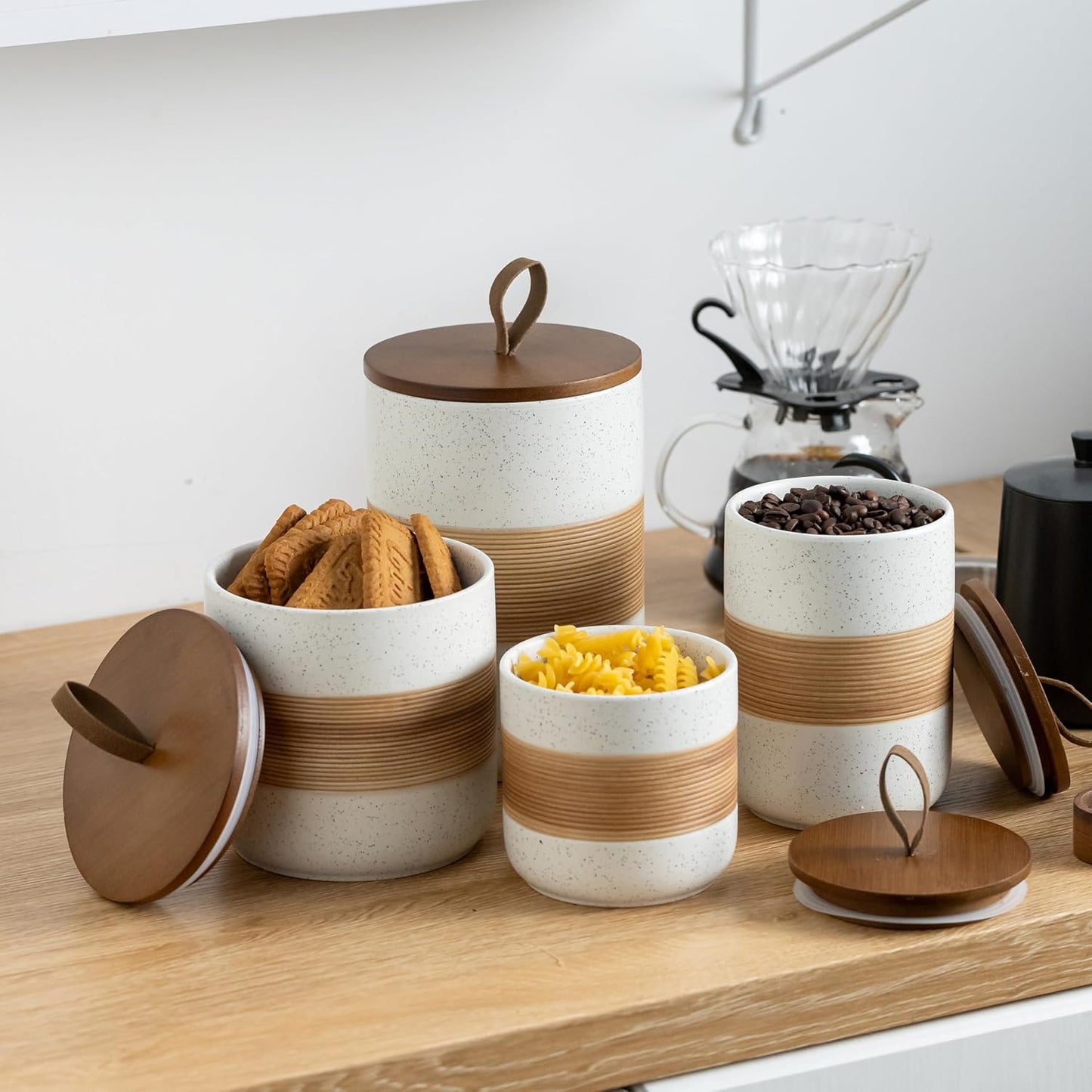 Coffee Container Jar with Lid, Ceramic Kitchen Food Storage Jars for Spice Sugar Cookie, Stackable Decorative Jars for Coffee Bar, White & 28oz