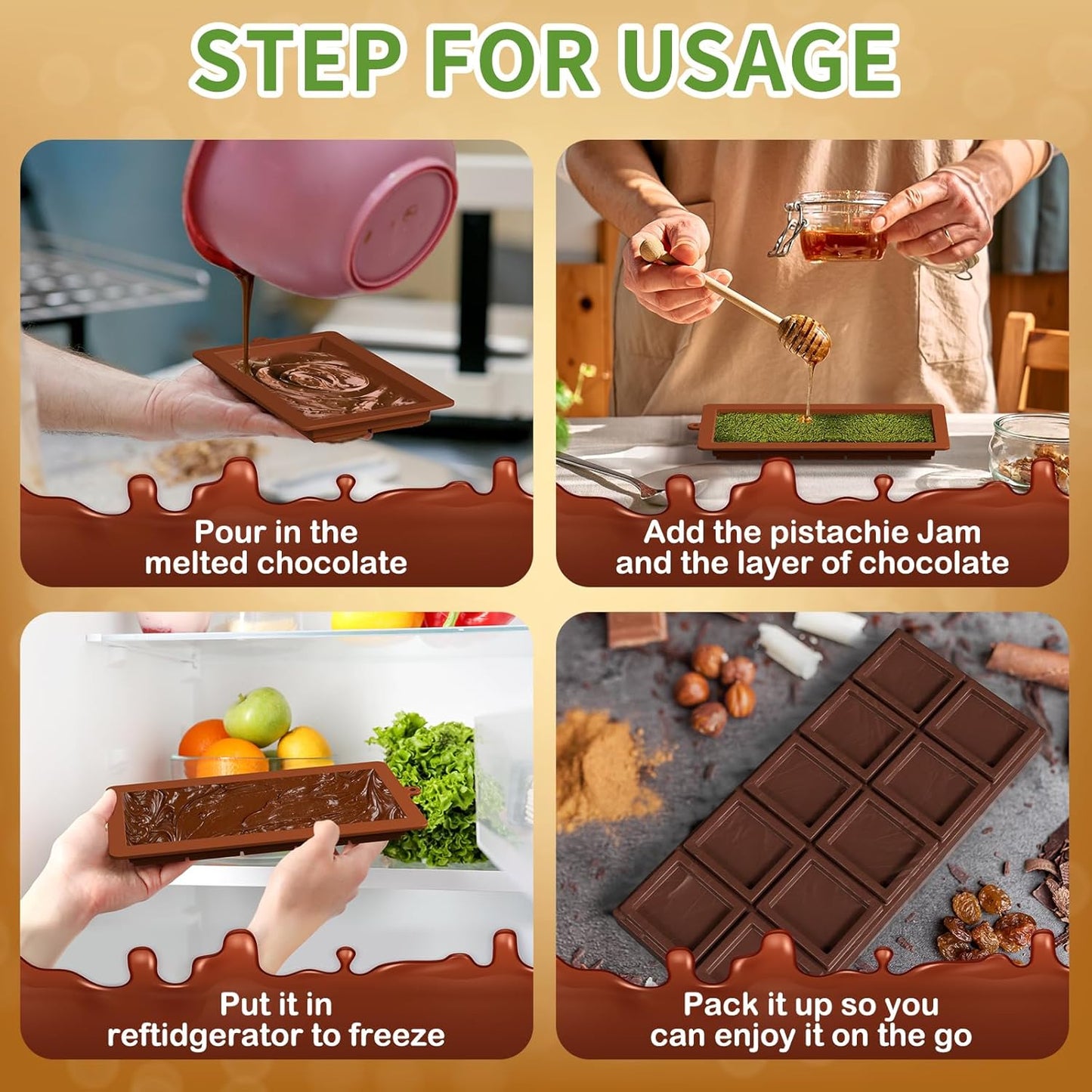 Dubai Chocolate Mold 2 Pack,0.79 Inch Deep Large and Thick Silicone Chocolate Bar Molds and scraper for Stuffed Bar,Big Chocolate Candy Bar Mold for Filling Knafeh Pistachio Kit