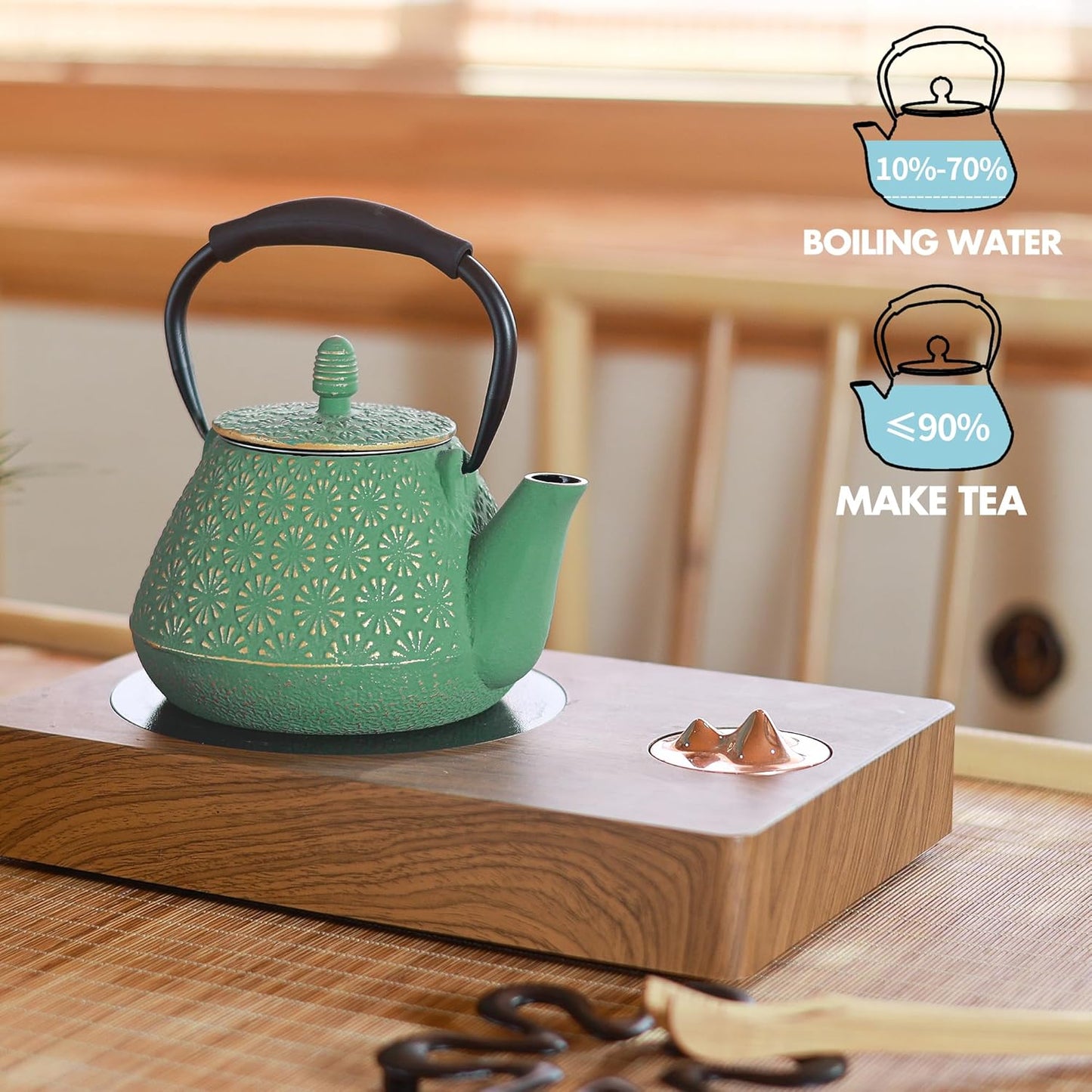 Cast Iron Teapot, 32oz Tea Kettle with Infuser for Stove Top, Sakura Blossom Pattern Japanese Tea Pot for Tea & Coffee Coated with Enameled Interior, Silicone Handle 950ml Green