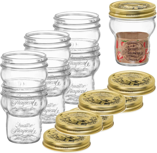 Bormioli Rocco Quattro Stagioni Glass Jars (Set of 6) - 9.25 Oz Stackable Storage Jars with Wide Mouth & Aluminum Lids - Glass Containers for Preserving, Serving, Organizing - Made in Italy
