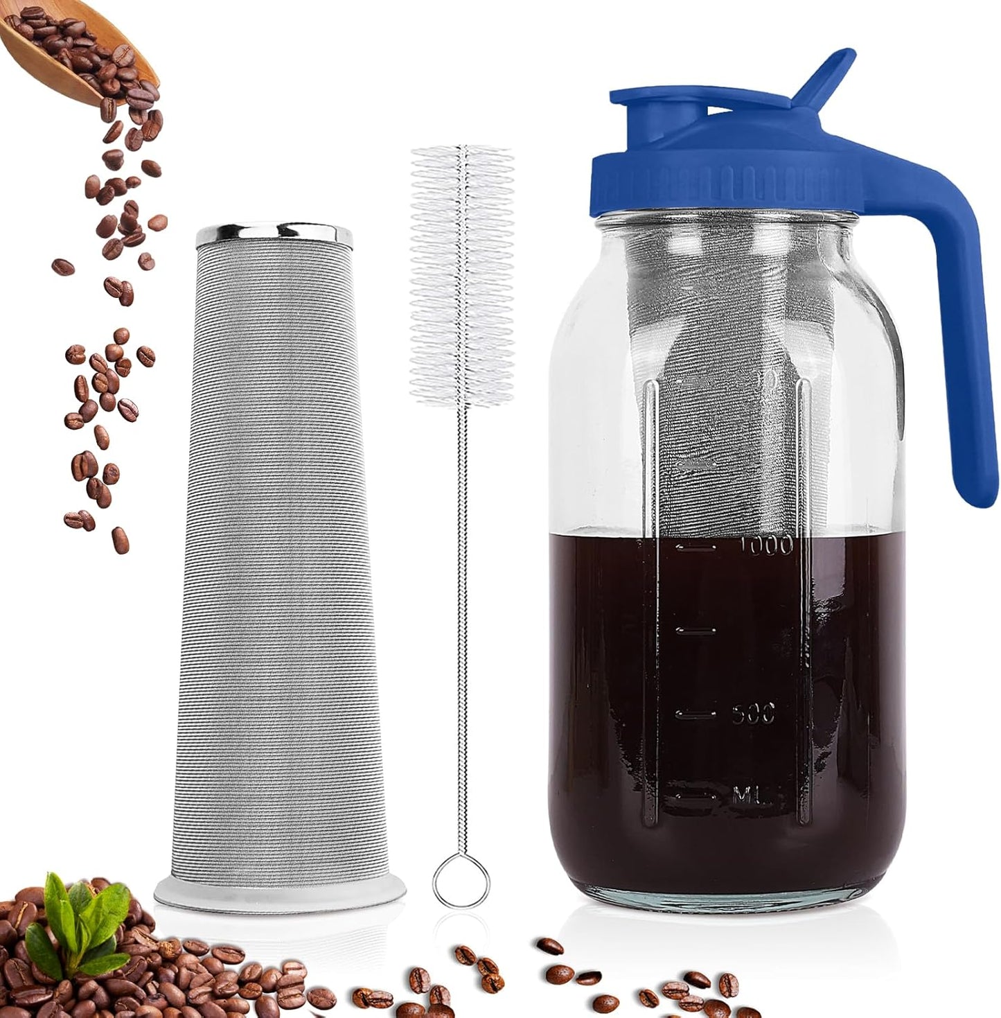 Cold Brew Coffee Maker,64 oz Mason Jar Pitcher with Stainless Steel Filter, Pour Spout Handle Lid, Heavy Duty Glass Airtight & Leak-Proof Pitcher for iced coffee Tea Lemonade -Blue