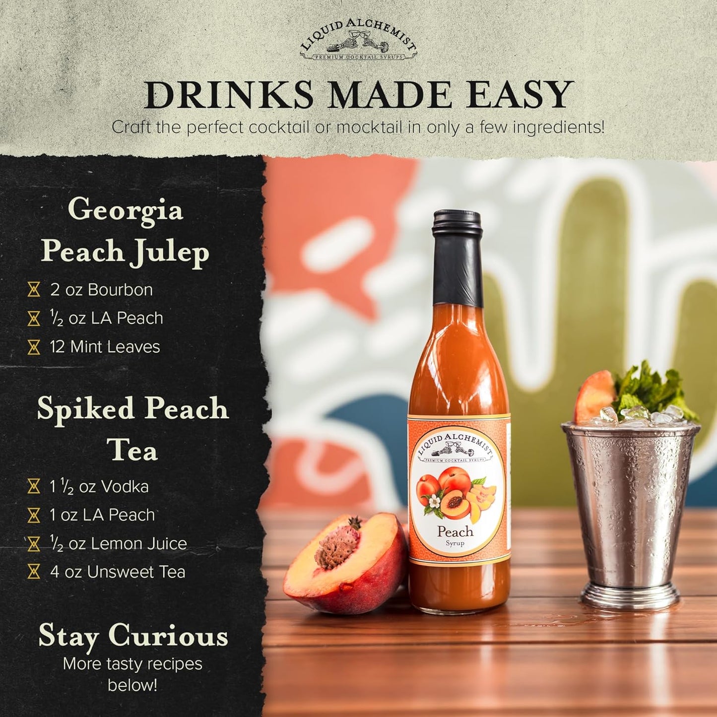 Liquid Alchemist Peach Syrup for Drinks - Real Ingredients Make our Peach Puree for Cocktails a Perfect Bellini Mix - Our Flavored Syrup is Non-GMO & Vegan (12 oz)