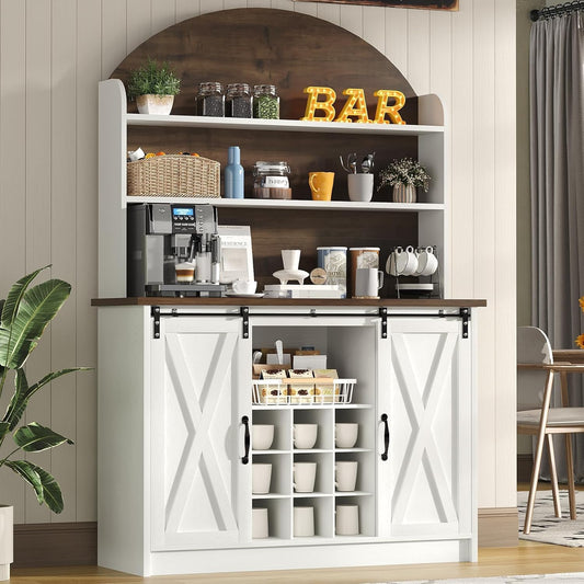 4 EVER WINNER Farmhouse Coffee Bar with 3-Tier Storage, 67” Coffee Bar Cabinet with Sliding Barn Doors, Hutch Cabinet with Storage & 9 Wine Racks, White