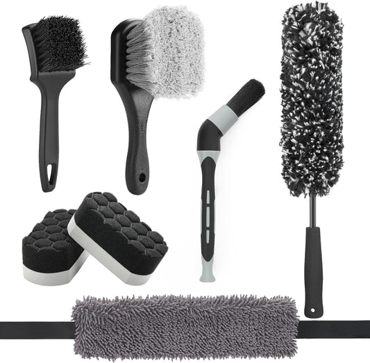 Fantasticlean 7PCS Car Wheel Brush Kit, Tire Brush, Soft-bristled Rim Brush, Scratch-Free Chenille Tape, Microfiber Bendable Brush, Curved Detailing Brush with Elbow Connector, Detailing Pads