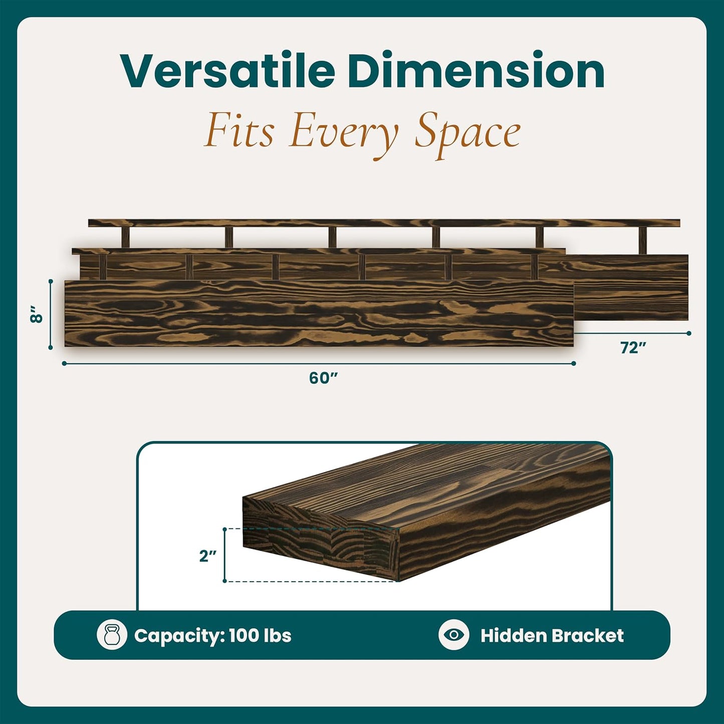 60'' Pine Wood Floating Shelf for Wall - Rustic Wall Mounted Wooden Shelf for Stylish Home Décor, Fireplace Mantel 60inch (Dark Brown, 60x8x2) - 1pcs