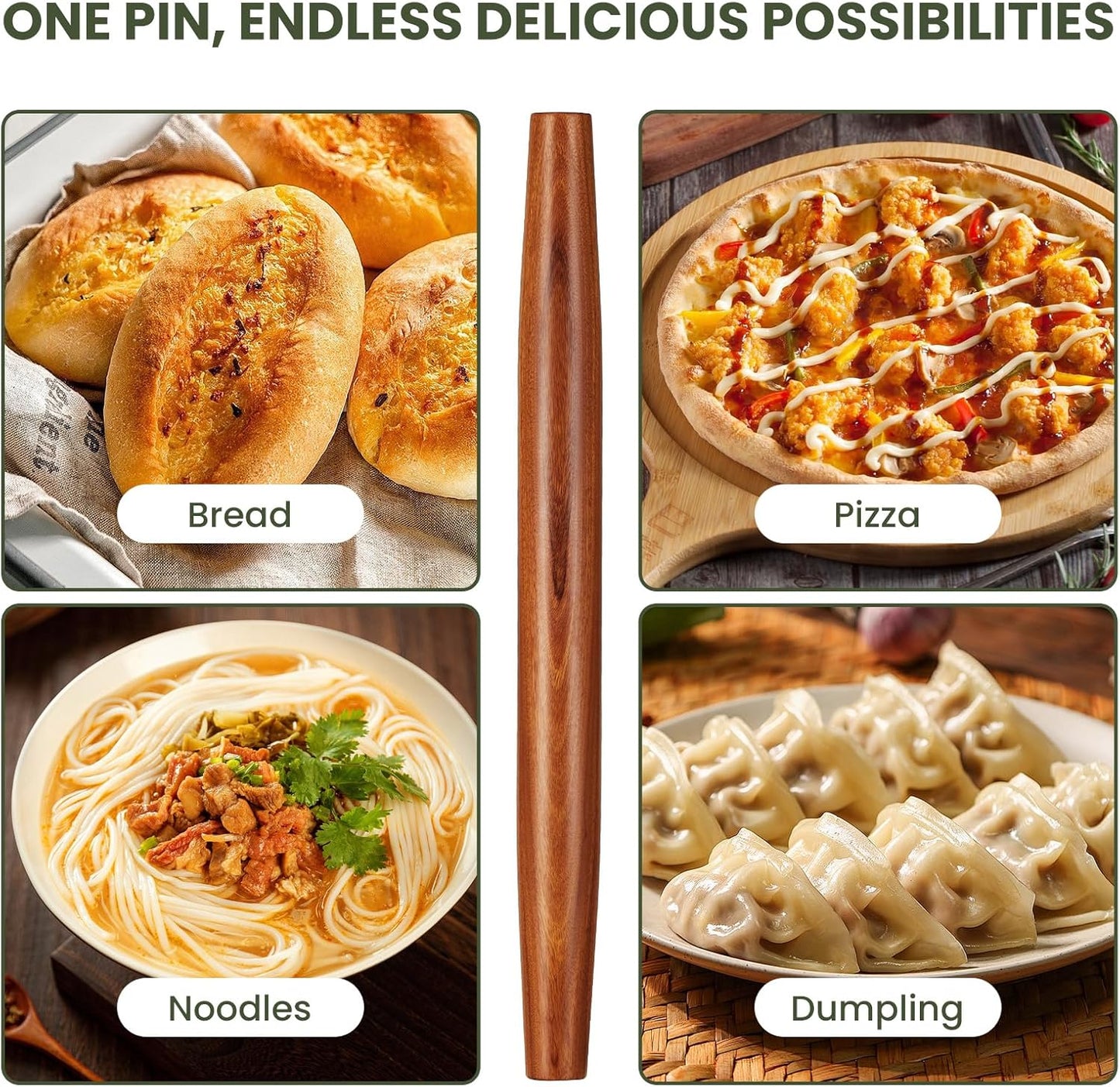 Natural Solid Bubinga Wood French Rolling Pin for Baking | Tapered Edges Type | High-Density Professional Dough Roller (French rolling pin - 15.75‘L)