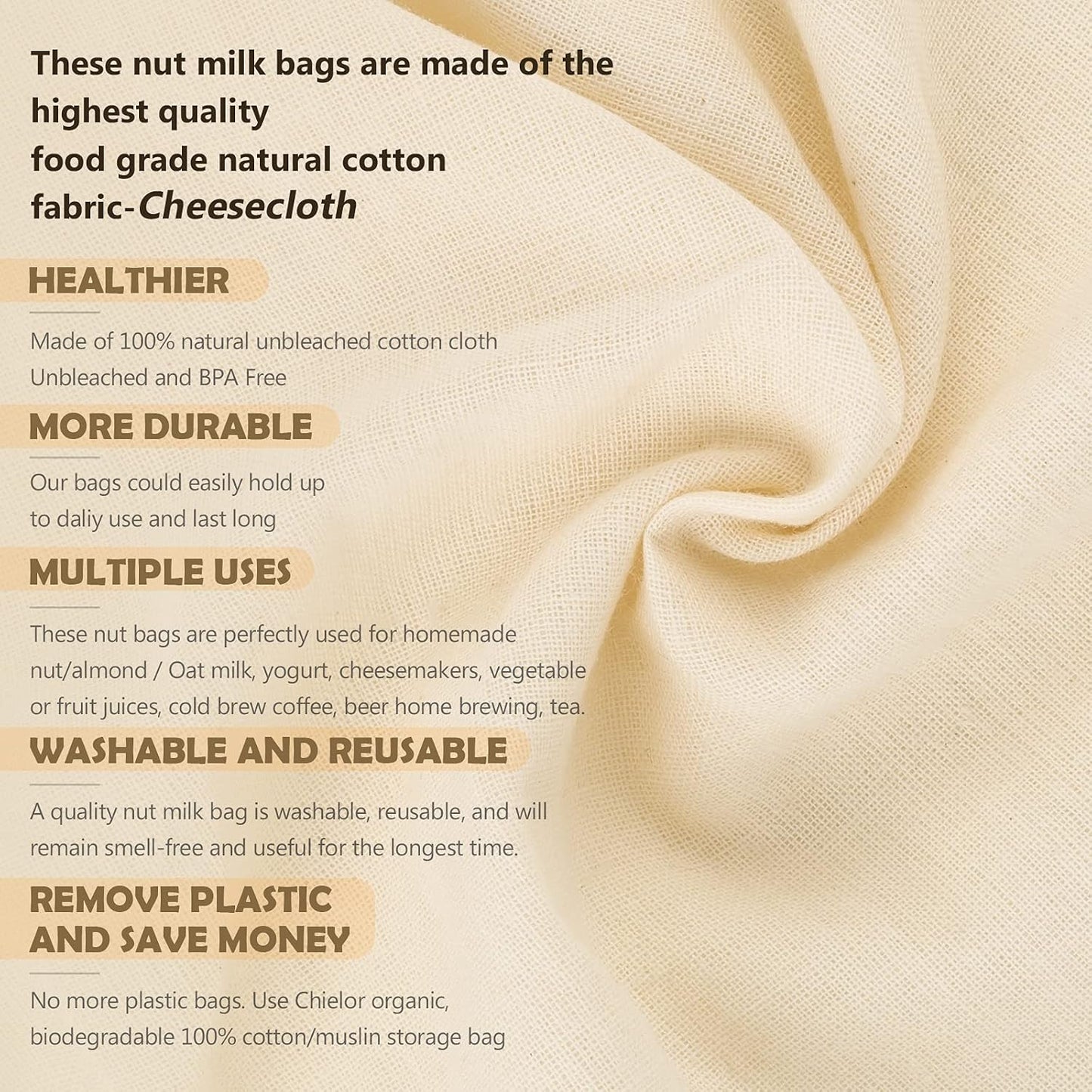 10 Pack Nut Milk Bag, 10‘’ x 12‘’ Fine Mesh Grade Reusable Cheesecloth Bags Strainers, Unbleached Organic Cotton Filter Bags for Almond Milk, Juices, ColdBrew, Cheese, Tea, Yogurt, Coffee