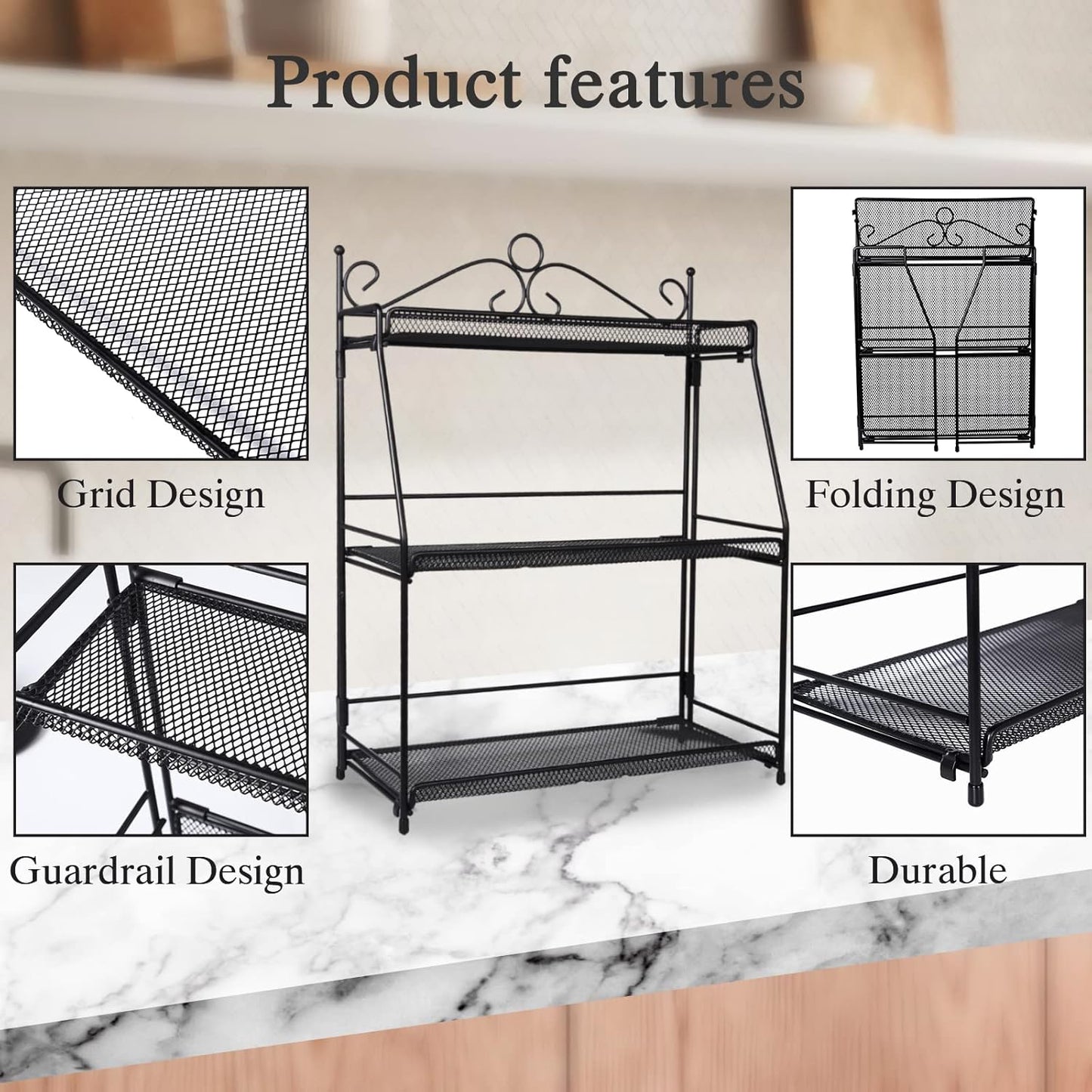 Uten Standing Spice Rack 3 Tier Metal Foldable and Durable Kitchen Rack for Countertop Kitchen Bathroom, Shelf Organizer, Standing Stainless Steel Tiered Shelf