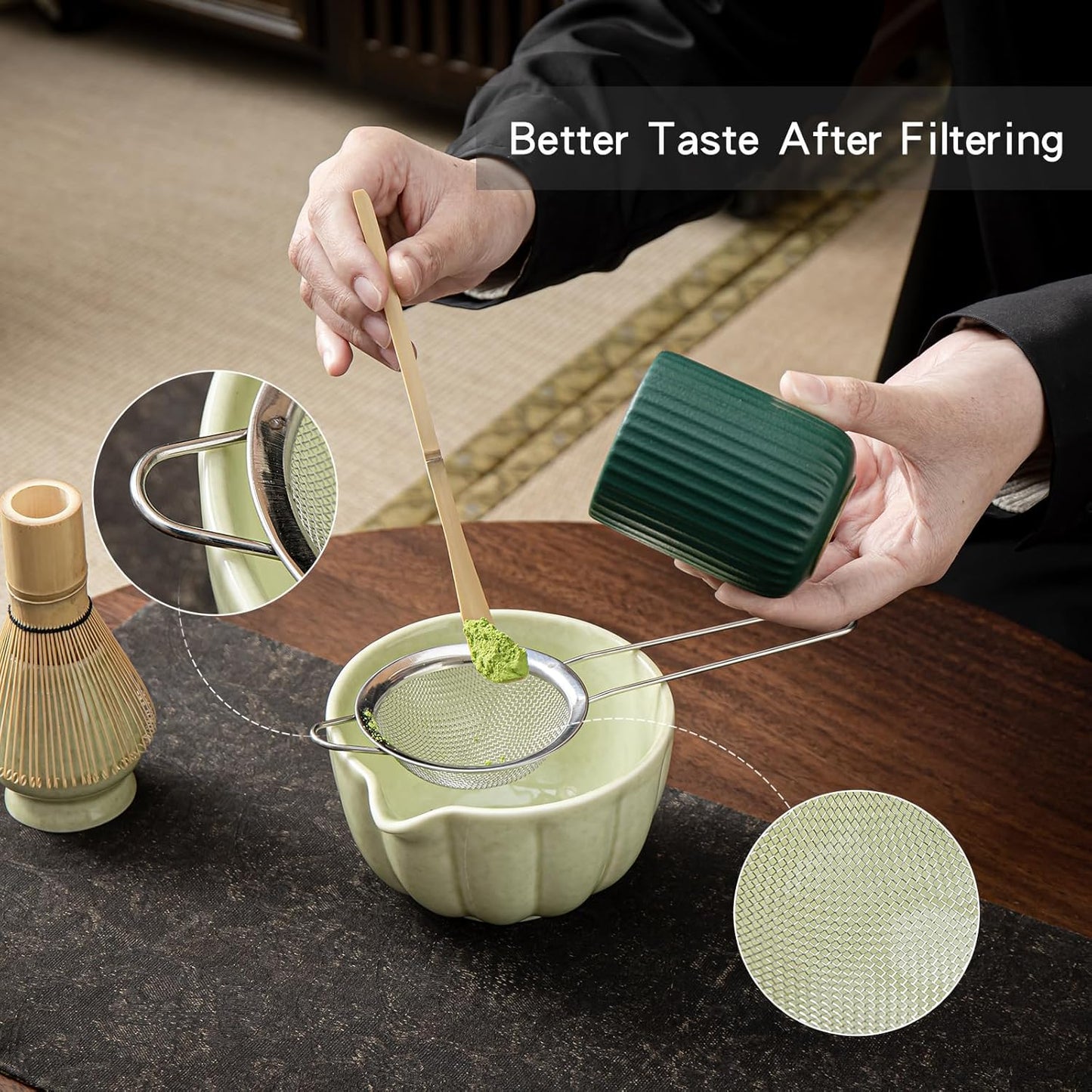 Matcha Whisk Set, Matcha Bowl with Spout, Matcha Whisk, Chasen Holder, Sifter, Bamboo Scoop - 5 Pcs Perfect Matcha Making Kit for Matcha Lover and Tea Ceremony (Speckled Green)
