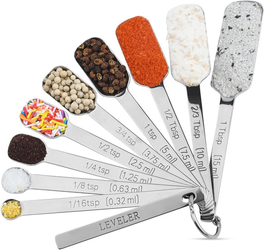 Stainless Steel Measuring Spoons - 10 Piece Set, Metric & US, Long Handle, Ideal for Kitchen & Baking, Includes 1/16Tsp & 2/3Tbsp for Spice Jars