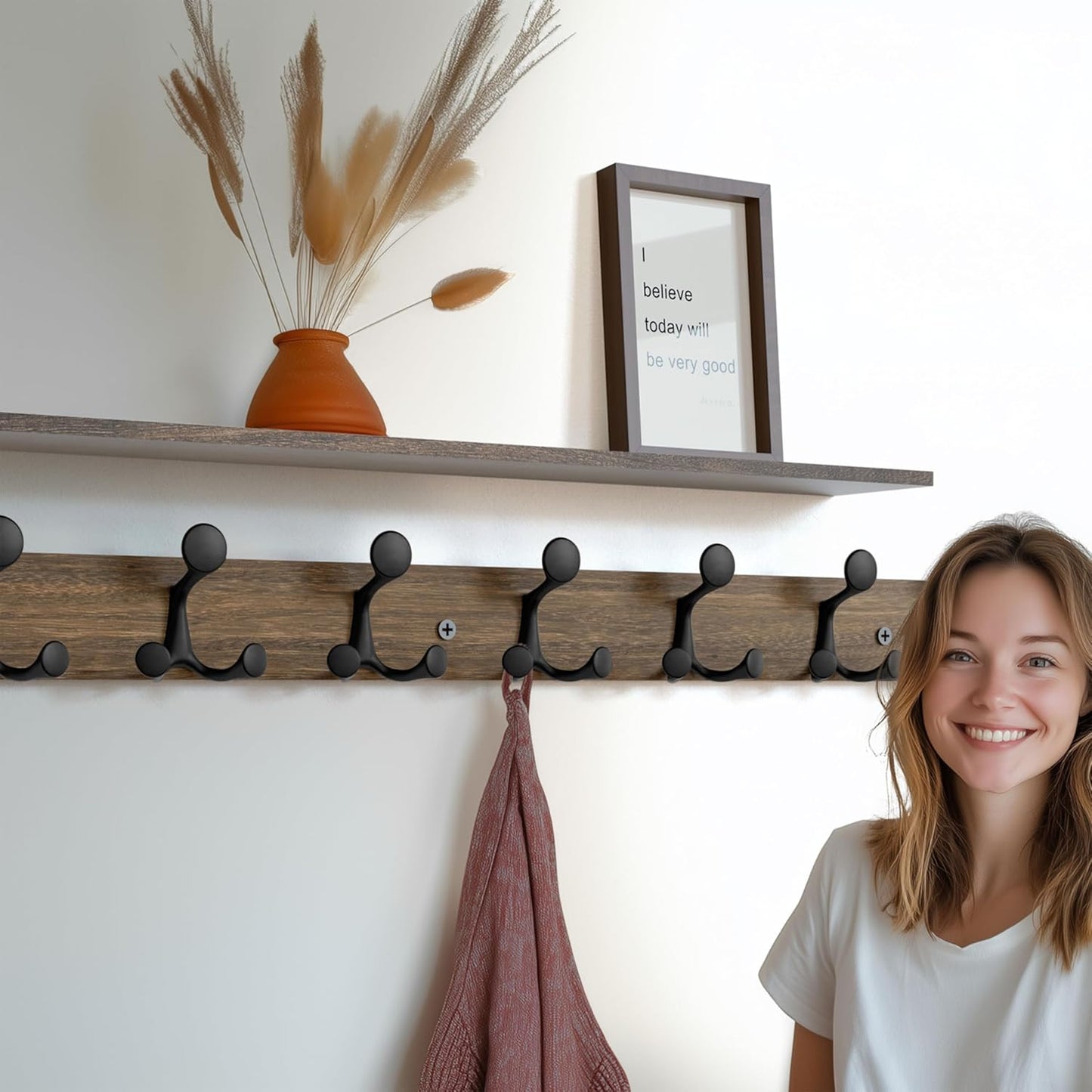 SKOLOO 43-Inch Wood Burnt Coat Rack Wall Mount with 8 Triple Hooks - Ideal for Family Entrances, Classrooms, and Pet Supplies Storage - Perfect Coat Hooks for Wall