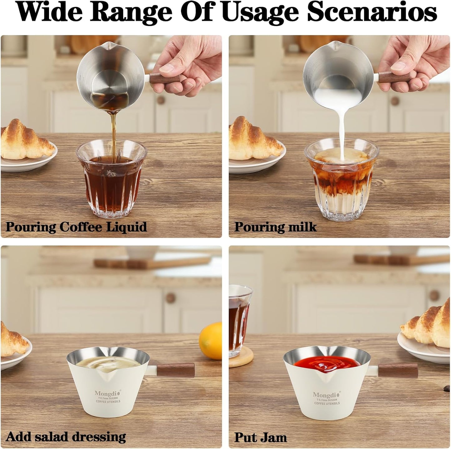 Mongdio 2 Pcs Espresso Measuring Cup, Stainless Steel Espresso Shot Cups with Wooden Handle and Double Spouts, 6.8OZ/200ML, White