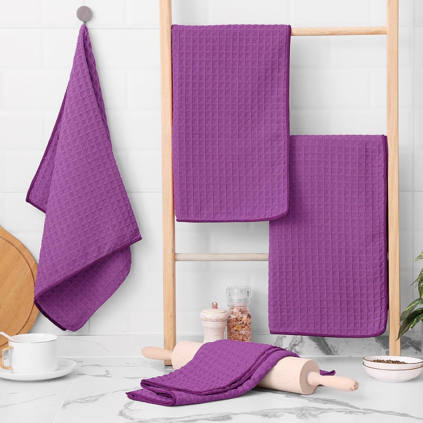 Homaxy Microfiber Waffle Weave Kitchen Towels, 16 x 28 Inch Ultra Absorbent and Solid Color Dish Towels, 4 Pack, Purple