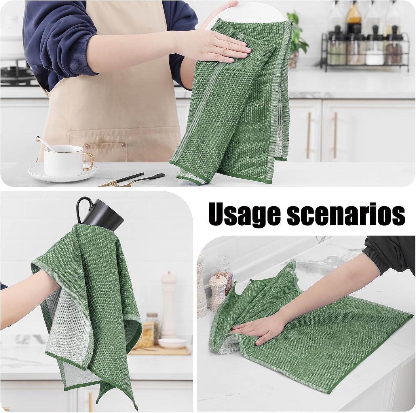 Homaxy Premium Kitchen Towels(18”x 28”, 6 Pack), Large Cotton Kitchen Hand Towels, Flat and Terry Dish Towels, 380 GSM Highly Absorbent Tea Towel Set with Hanging Loop, Grass Green