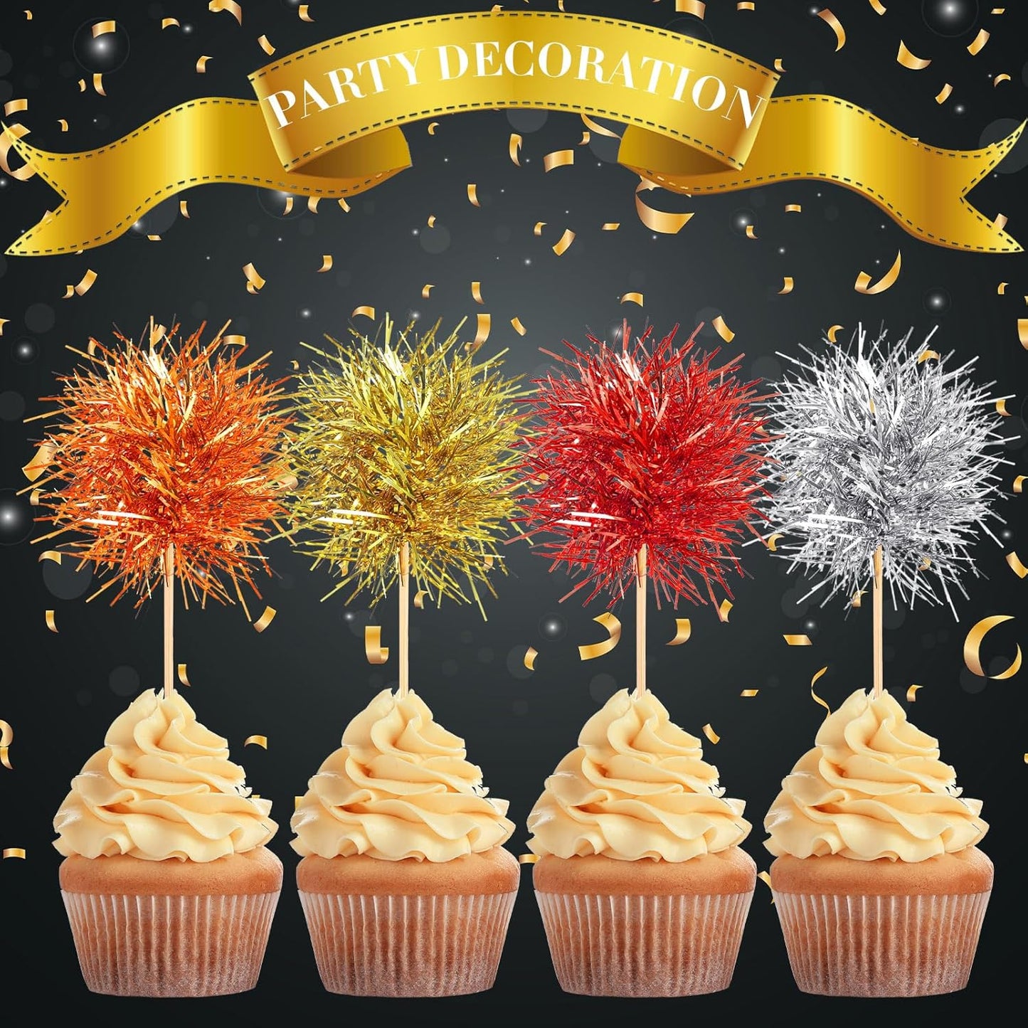 Chinco 100 Pcs Foil Firework Cupcake Toppers Sparkle Tinsel Cake Toppers Cake Decoration Cocktail Fruit Toothpick for Birthday Wedding Graduation Party (Silver, Red, Orange, Gold)