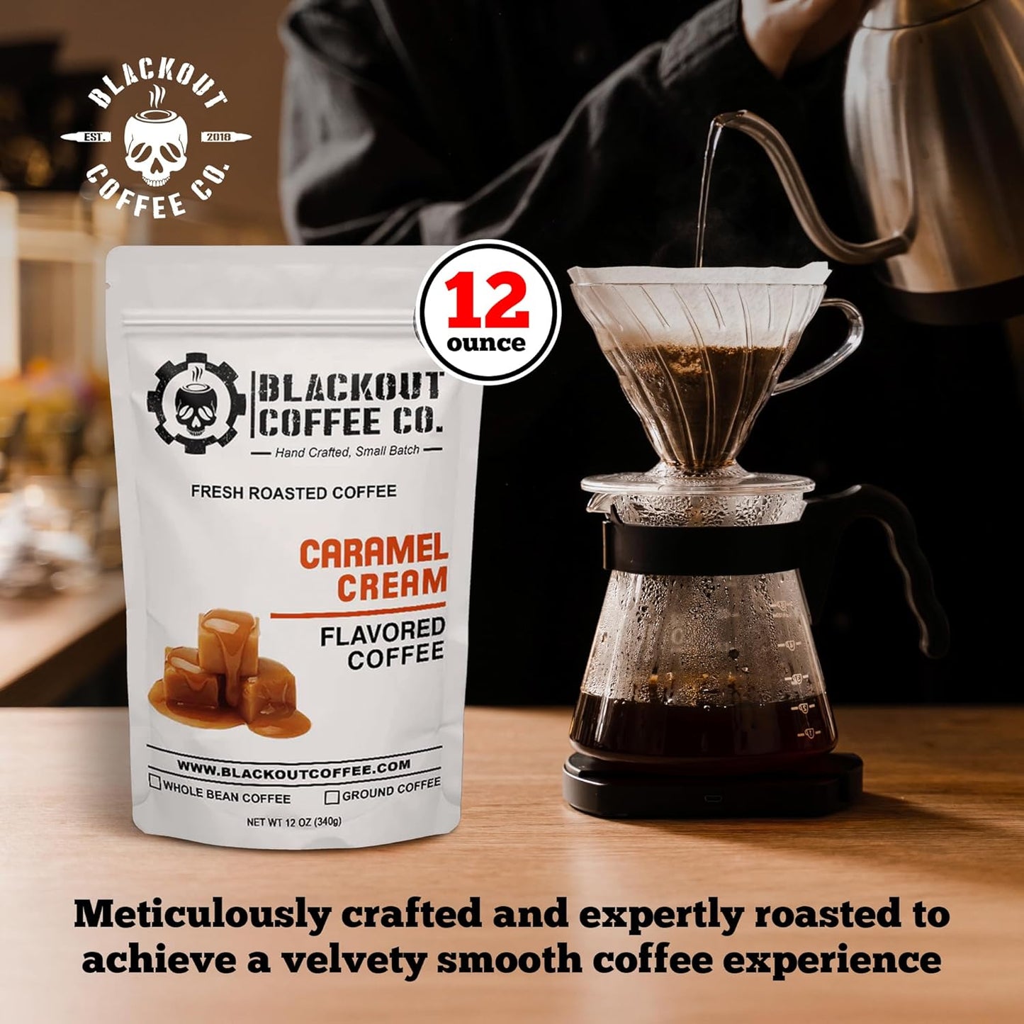 Blackout Coffee Caramel Cream Flavored Coffee - Ground Coffee, Fresh Roasted In the USA,12 oz pouch