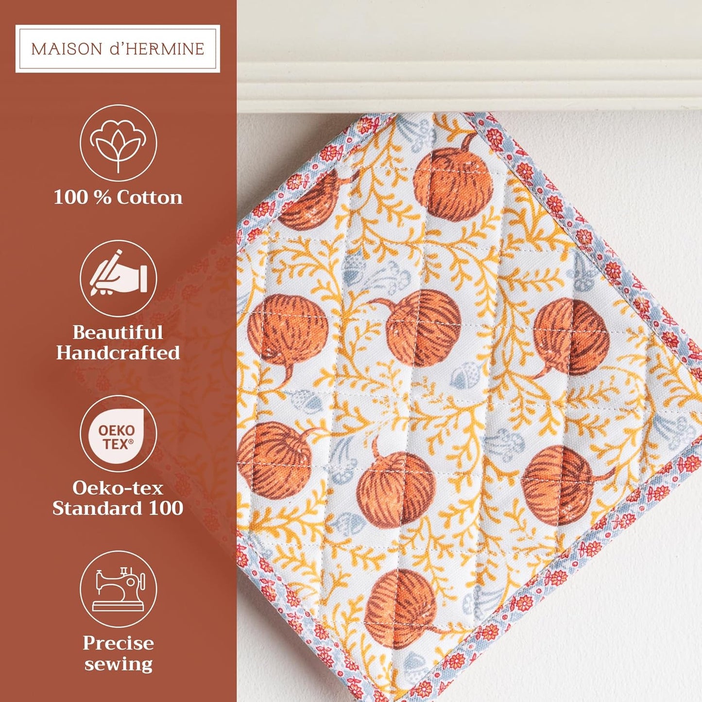 Maison d' Hermine Pot Holders Set 100% Cotton Heat Resistant Potholders 8" x 8" Hot Pads with Loop BBQ, Cooking, Baking, Grilling, Kitchen, Handling Hot Pans (Pack of 2, Harvest Festival)