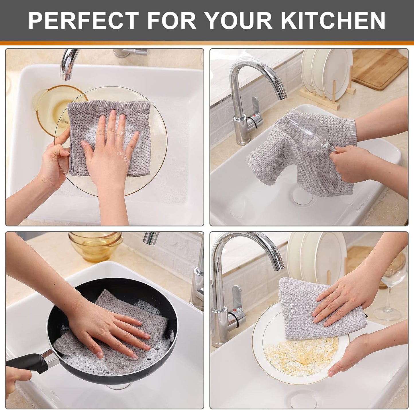 Kitinjoy 100% Cotton Kitchen Dish Cloths, 8 Pack Waffle Weave Ultra Soft Absorbent Dish Towels for Drying Dishes Quick Drying Kitchen Towels Dish Rags, 12 X 12Inch, Light Grey