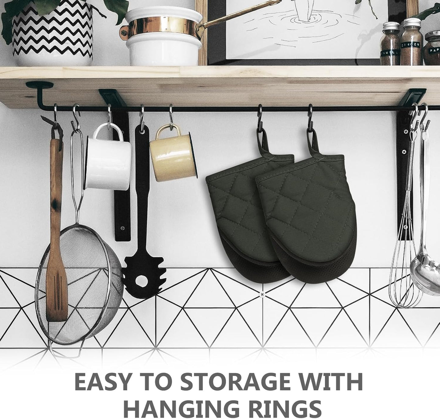 1 Pair Short Oven Mitts, Heat Resistant Silicone Kitchen Mini Oven Mitts for 500 Degrees, Non-Slip Grip Surfaces and Hanging Loop Gloves, Baking Grilling Barbecue Microwave Machine Washable (Gray)