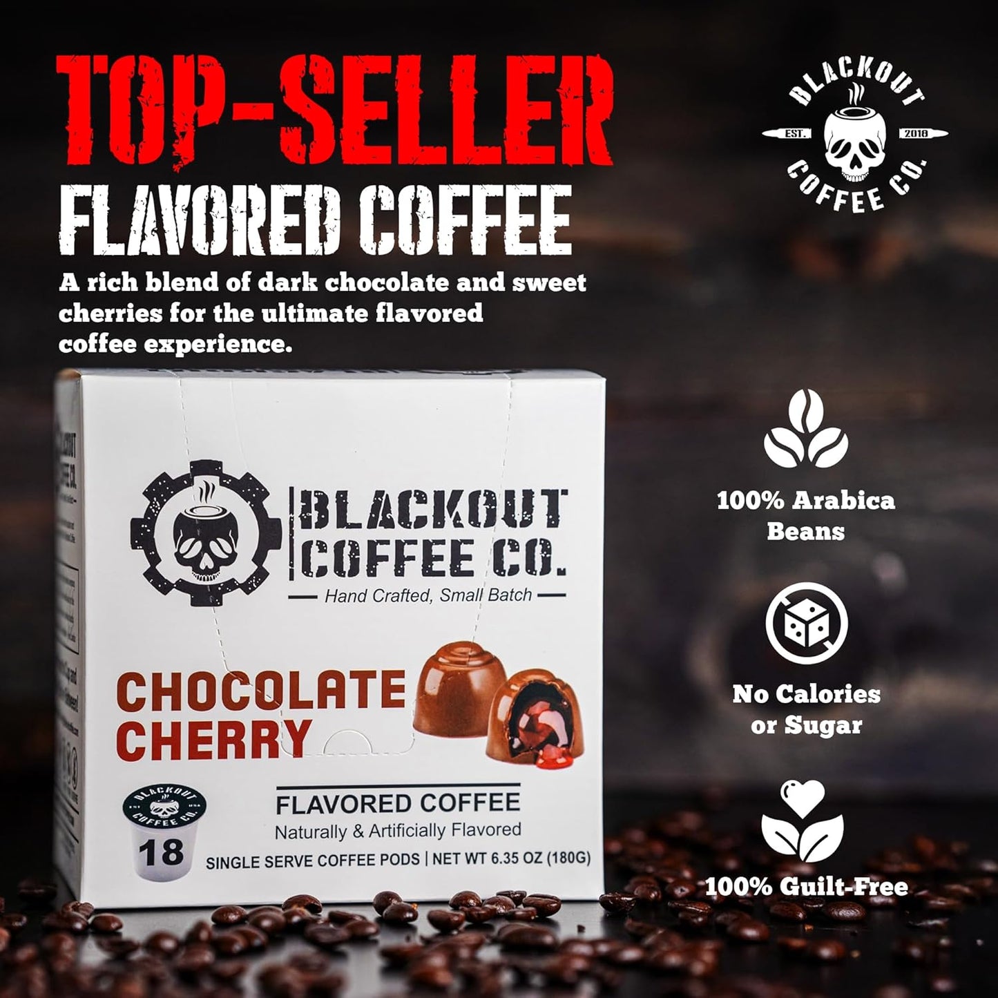 Blackout Coffee Chocolate Cherry Flavored Pods - Freshly Roasted in the USA - K-Cup Compatible Single-Serve Pods (18 Count)
