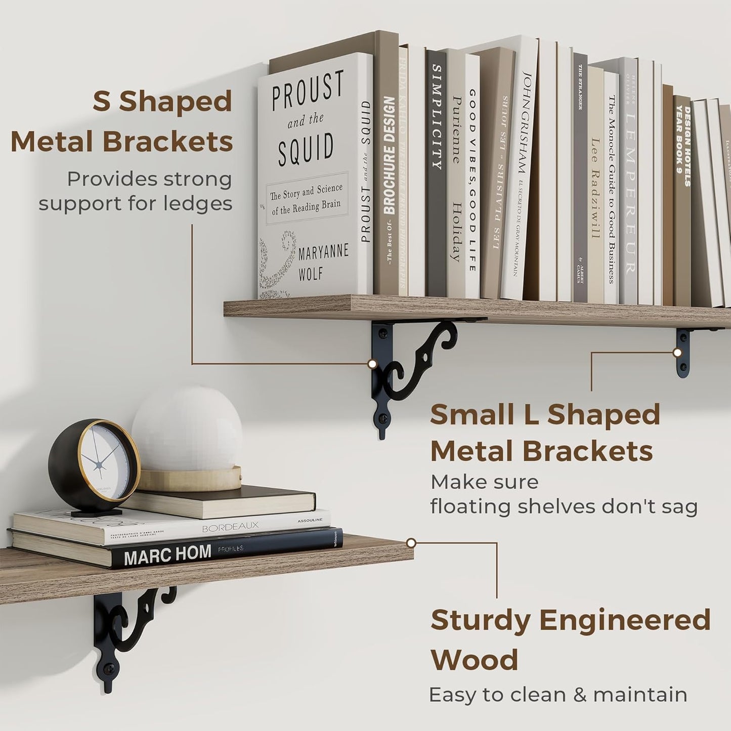 RICHFOCUS Floating Shelves for Wall Decor, 55.1W x 8D Shelves Set of 2, 8 Inch Deep Rustic Wood Shelves Wall Mounted with Brackets, Long Floating Shelves for Living Room Bedroom Kitchen, Grey