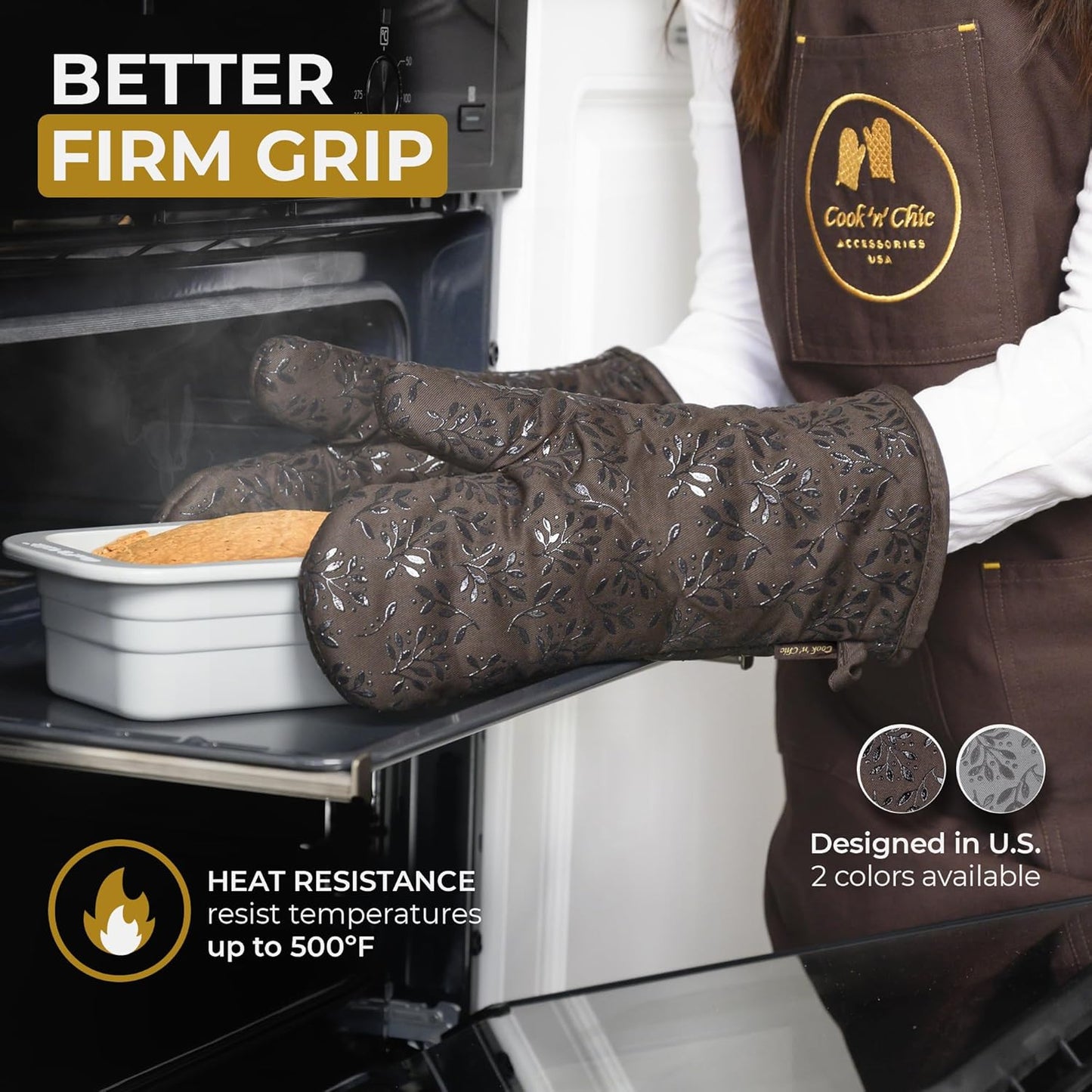 Premium Heat-Resistant Oven Mitts - Stylish and Beautiful - Non-Slip Platinum Silicone Grip - Long and Thick - 100% Natural Cotton Exterior and Soft Terry Cloth Lining - Set of 2 by Cook'n'Chic