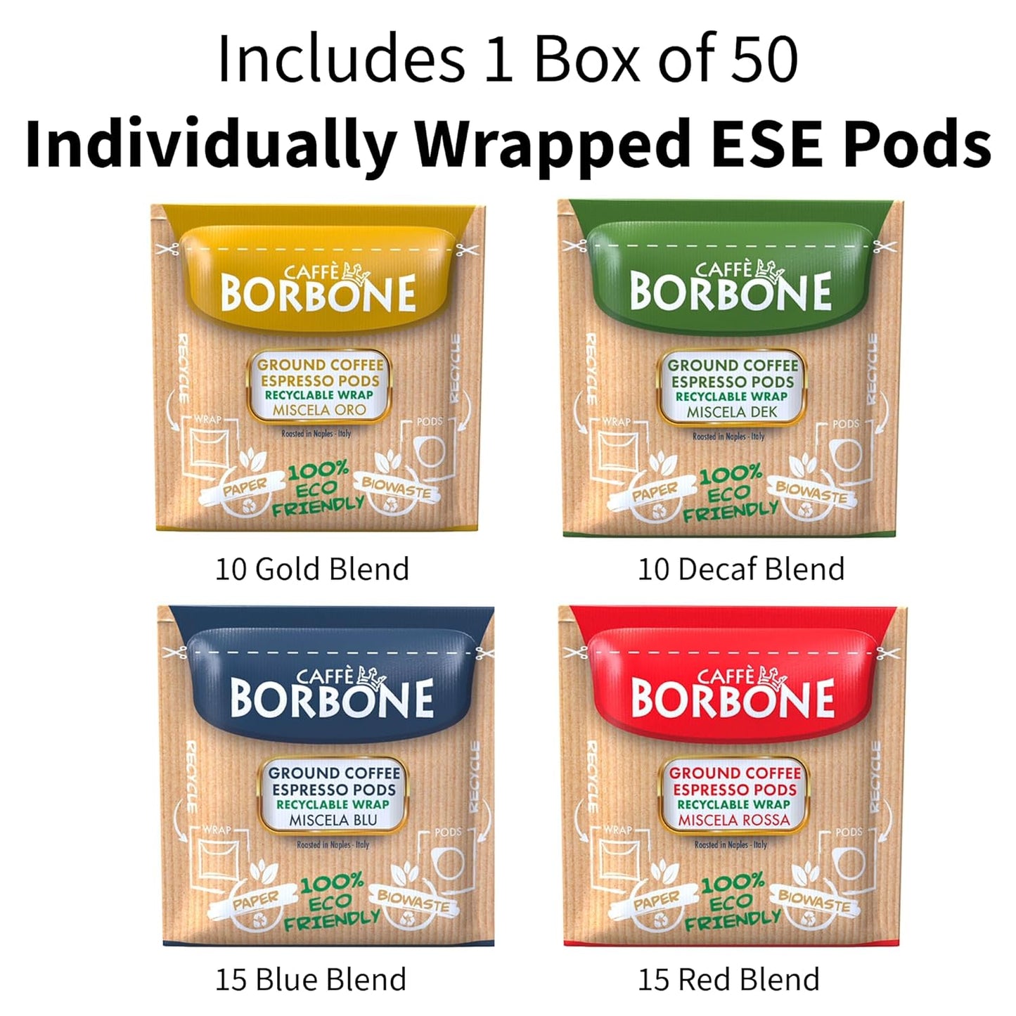 Caffe Borbone Espresso Paper Pods (50 Count) - Variety Pack, Single-Serve ESE Pods Roasted in Italy