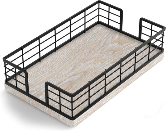 Wican Guest Towel Holder Tray for Bathroom, Ash and Iron Napkins Holder for Powder Room Dinning Table Wooden Basket for Disposable Paper Hand Towels Black and Ash Whitewashed