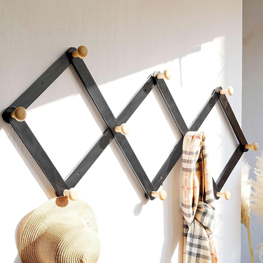 Dseap Expandable Coat Rack (Larger Version) - 24” High, Anti-Slip, Ultra Heavy Duty Wooden Accordian Wall Hanger with 10 Study Peg Hooks for Clothing Hats Jackets Bags, Black/Natural