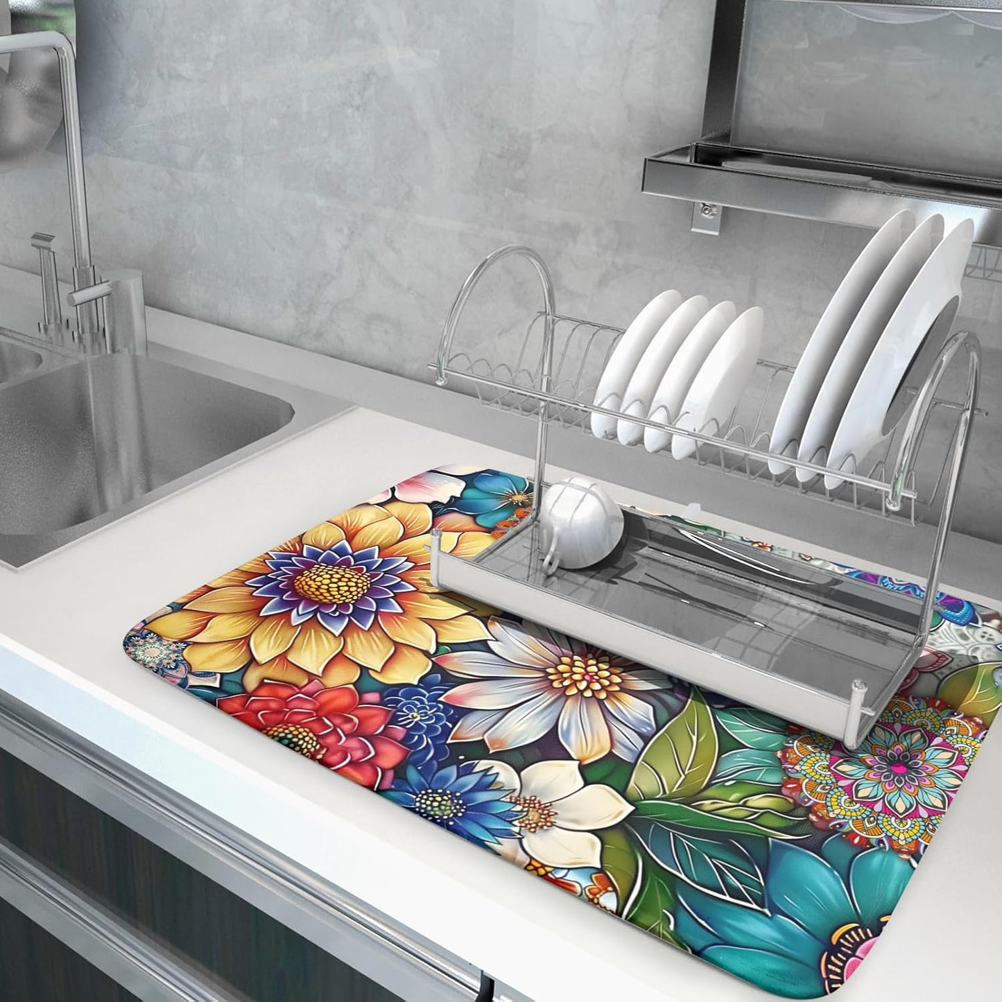 Boho Floral Dish Drying Mat for Kitchen Counter 16x18 Inch Boho Blooming Flower Dishes Pad Super Absorbent Drying Mat Heat Resistant Dish Drying Pad Anti-Slip Dish Mat Fast Dry Kitchen Bar Accessories