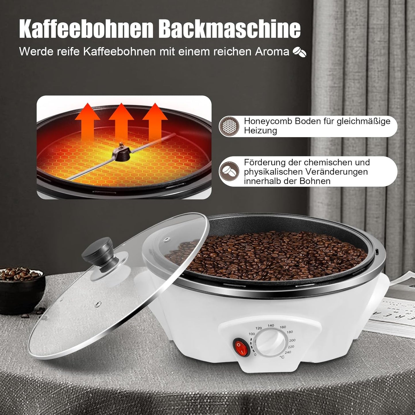 Coffee Roaster Machine for Home Use, 800W Tostadora De Cafe Coffee Bean Roaster Adjustable Temperature with Stir Bar And Glass Cover for Beans, Red Beans, Nuts