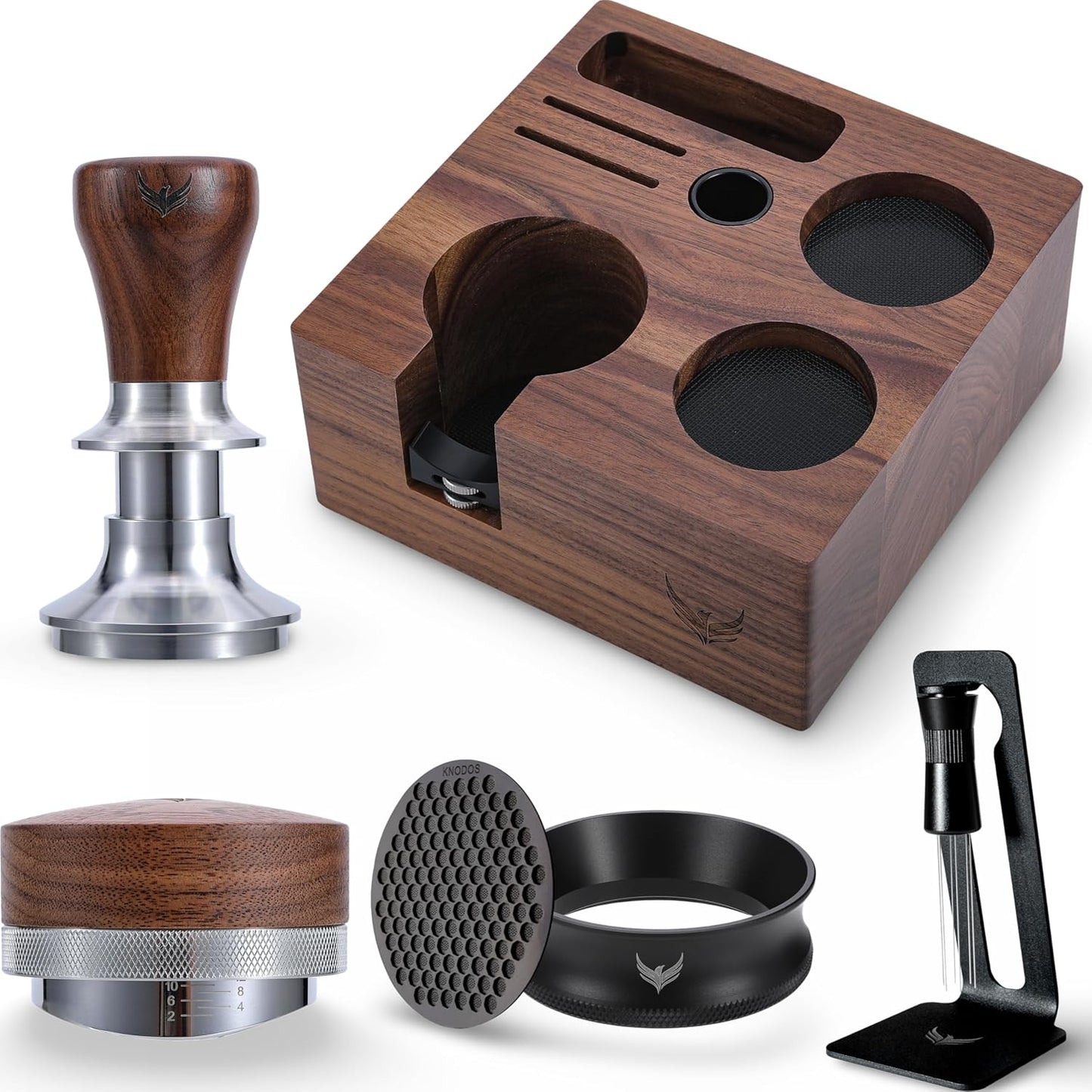 Espresso Accessories Kit 51mm Includes Self Leveling Tamper, Coffee Distributor, Dosing Funnel with Puck Screens, Tamping Station, and WDT Tool Professional Espresso Tools