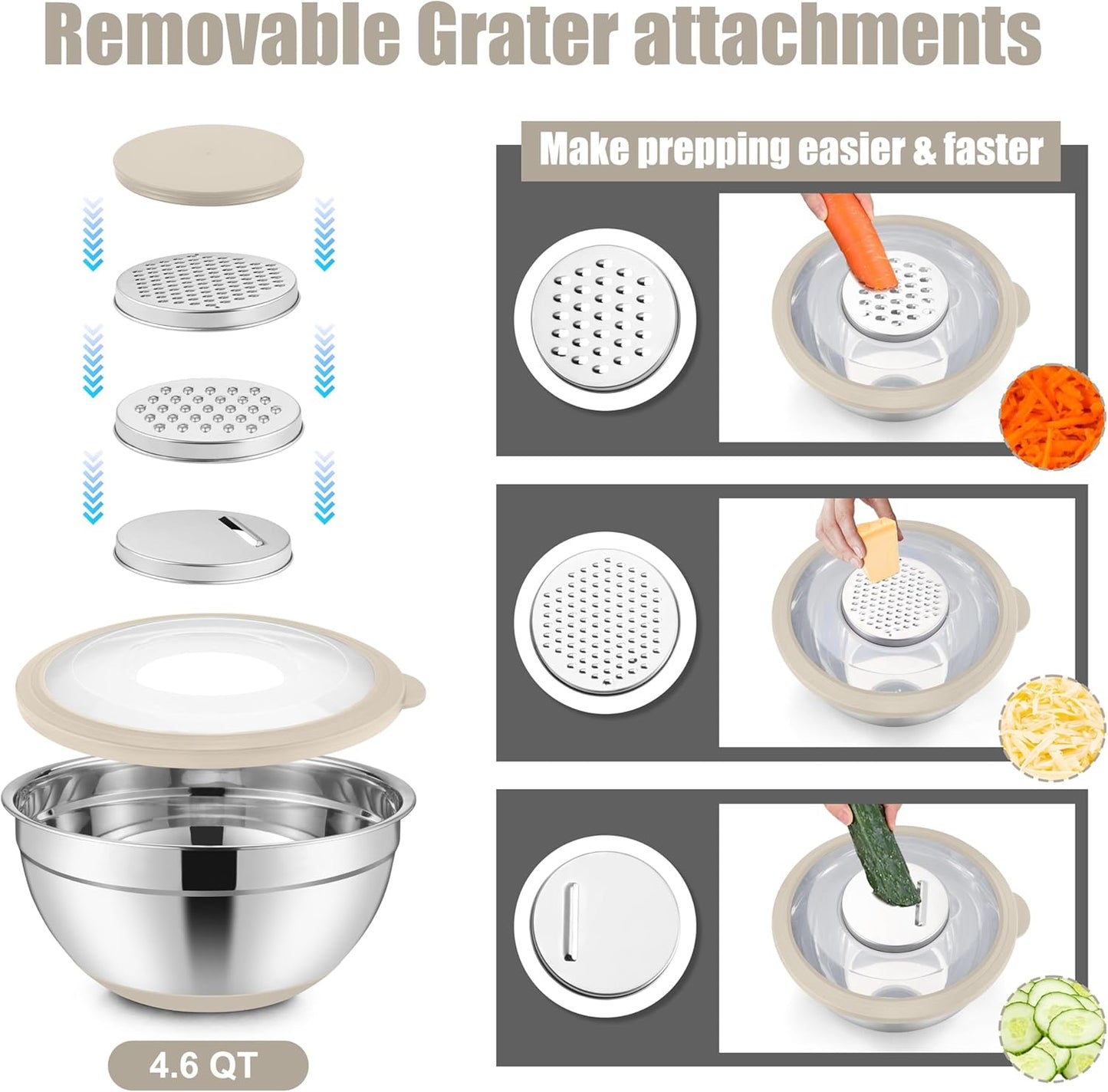 E-far Mixing Bowls with Lids Set, 15PCS Stainless Steel Mixing Nesting Bowl with Colander & 3 Metal Grater for Kitchen Prep/Baking/Storage, Non-Slip Bottom & Airtight Lid, 4.6, 3, 1.5, 1, 0.7QT, Khaki