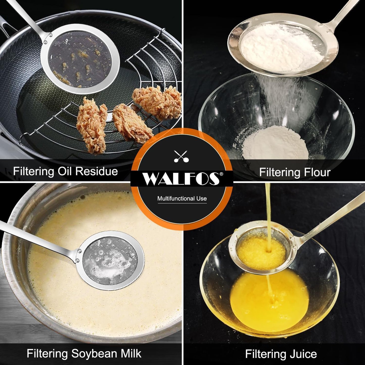 Walfos Fine Mesh Strainer and Fat Skimmer Spoon Set, Multipurpose Metal Strainers for Kitchen, Rice, Quinoa, Food, 304 Stainless Steel Fat Skimmer For Cooking, Fat, Grease, Floating Foam, 5 Pack