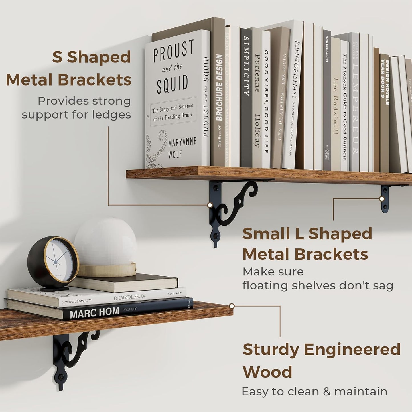 RICHFOCUS Floating Shelves for Wall Decor, 55.1W x 8D Wall Shelves Set of 2, 8 Inch Deep Rustic Wood Shelves Wall Mounted with Brackets, Long Shelves for Living Room Bedroom Kitchen, Rustic Brown
