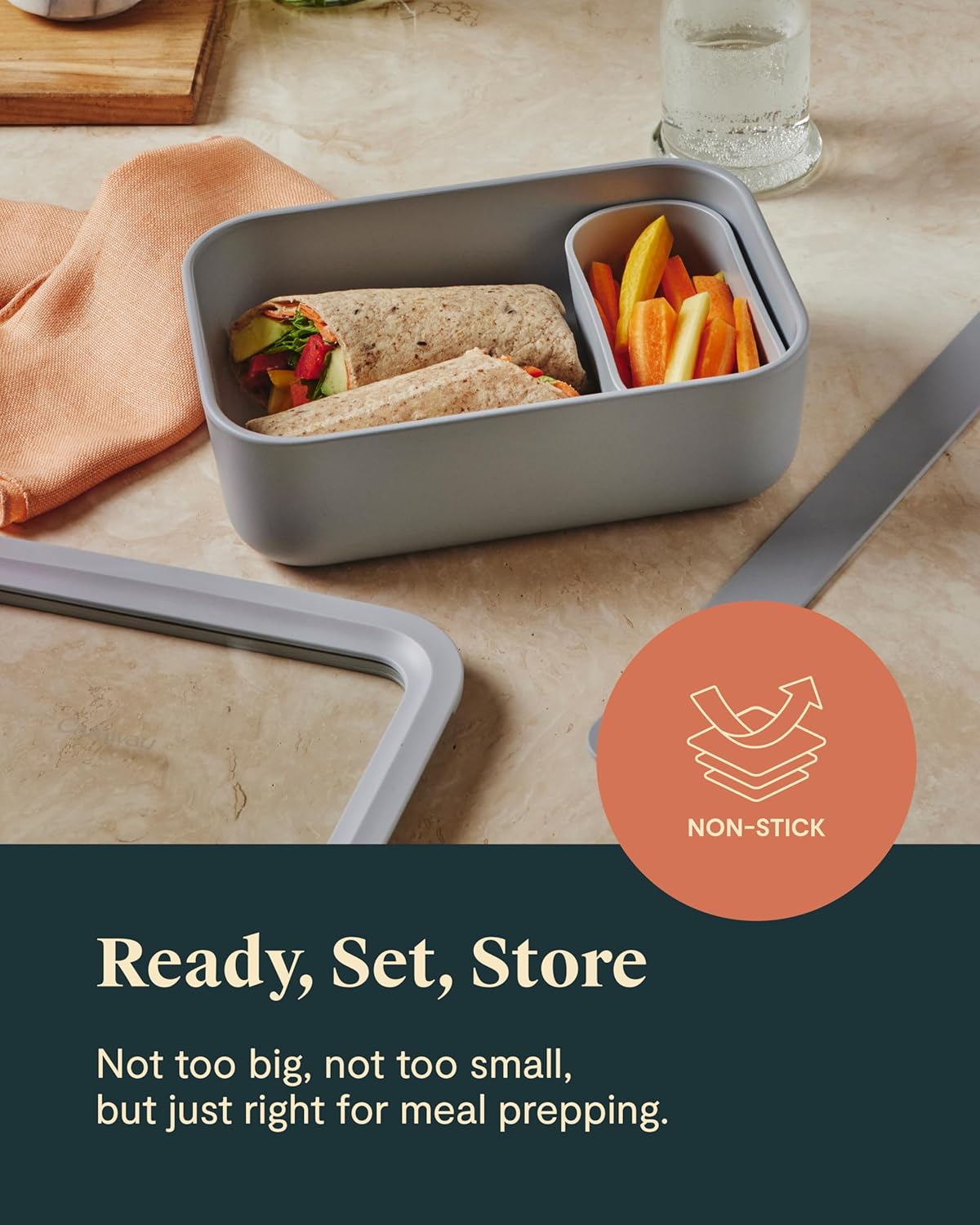 Caraway Glass Food Storage, 6.6 Cup Glass Container,Ceramic Coated Food Container,Easy to Store, Non Toxic, Non Stick Lunch Box Container with Glass Lids. Dishwasher, Oven,Square Shape,Cream