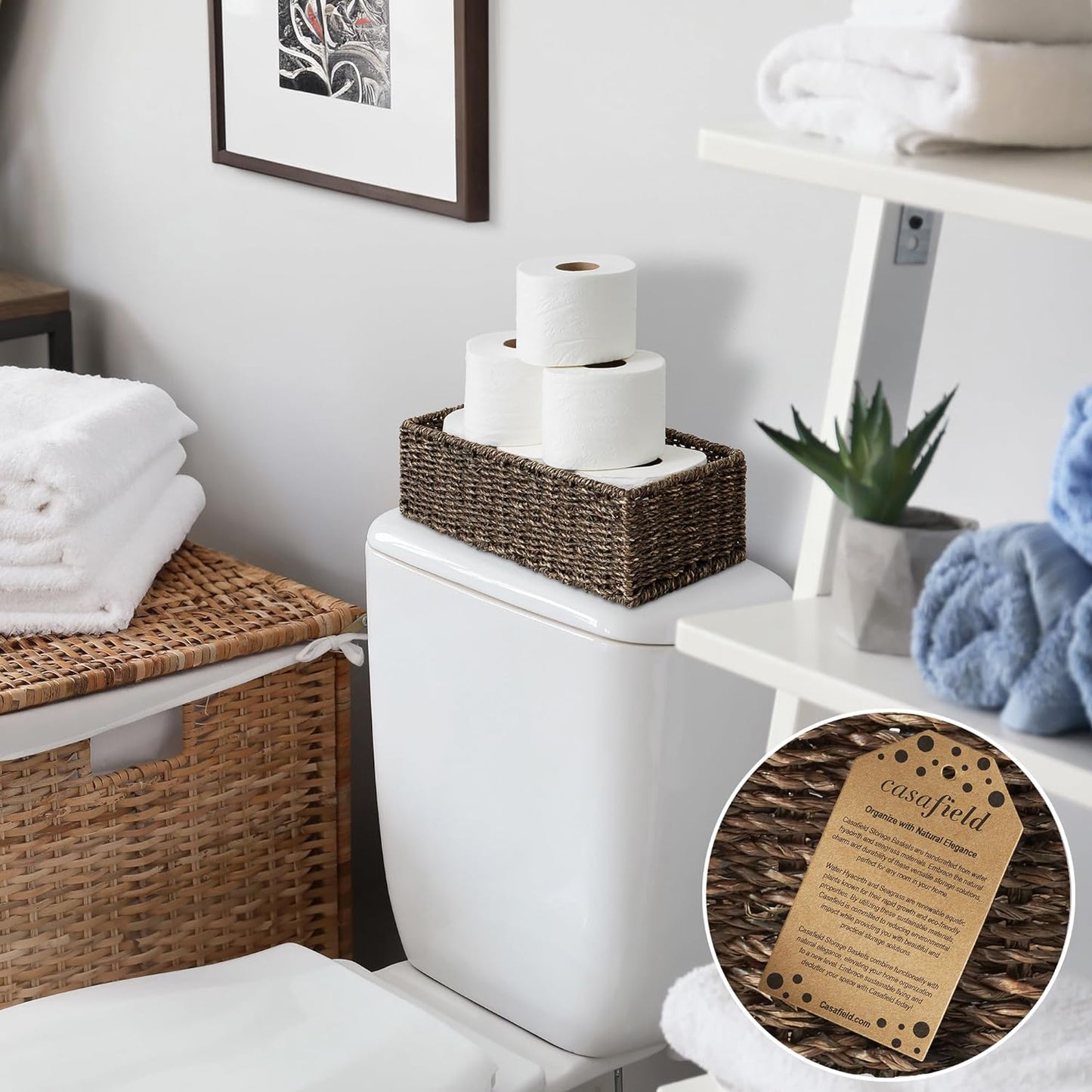 Casafield Set of 2 Bathroom Storage Baskets, Espresso - Seagrass, 16" W x 6.75" D x 4.25" H, Woven Toilet Tank Topper Bins for Organizing Tissues, Toilet Paper, Toiletries, Shelves
