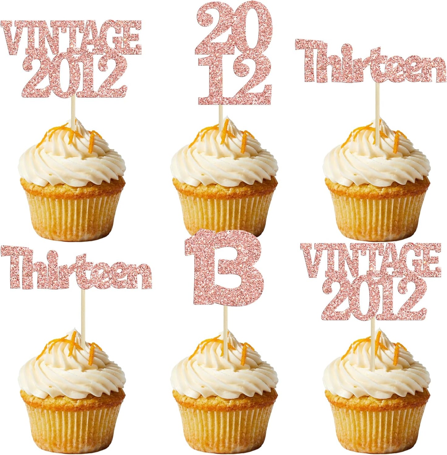 Gyufise 24Pcs 13th Birthday Cupcake Toppers Glitter Thirteen Vintage 2012 Hello 13 Years Birthday Cupcake Picks Official Teenager 13 Cake Decor for Happy 13th Anniversary Party Rose Gold